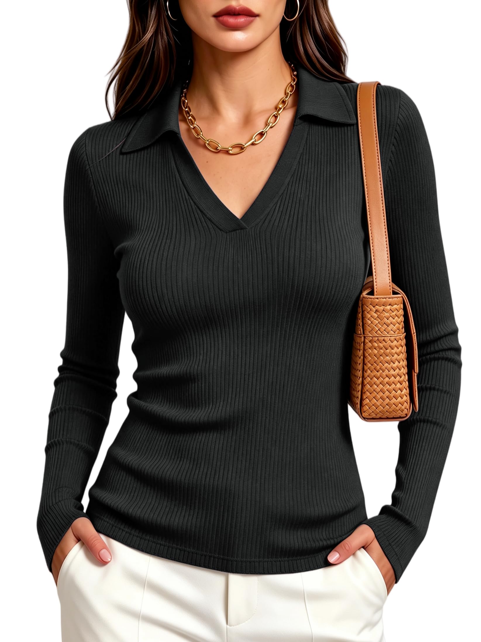 meetrendi Women Polo Shirt Long Sleeve V Neck Business Casual Collar Work Top Slim Fit Basic 2024 Autumn Outfit-picture-23