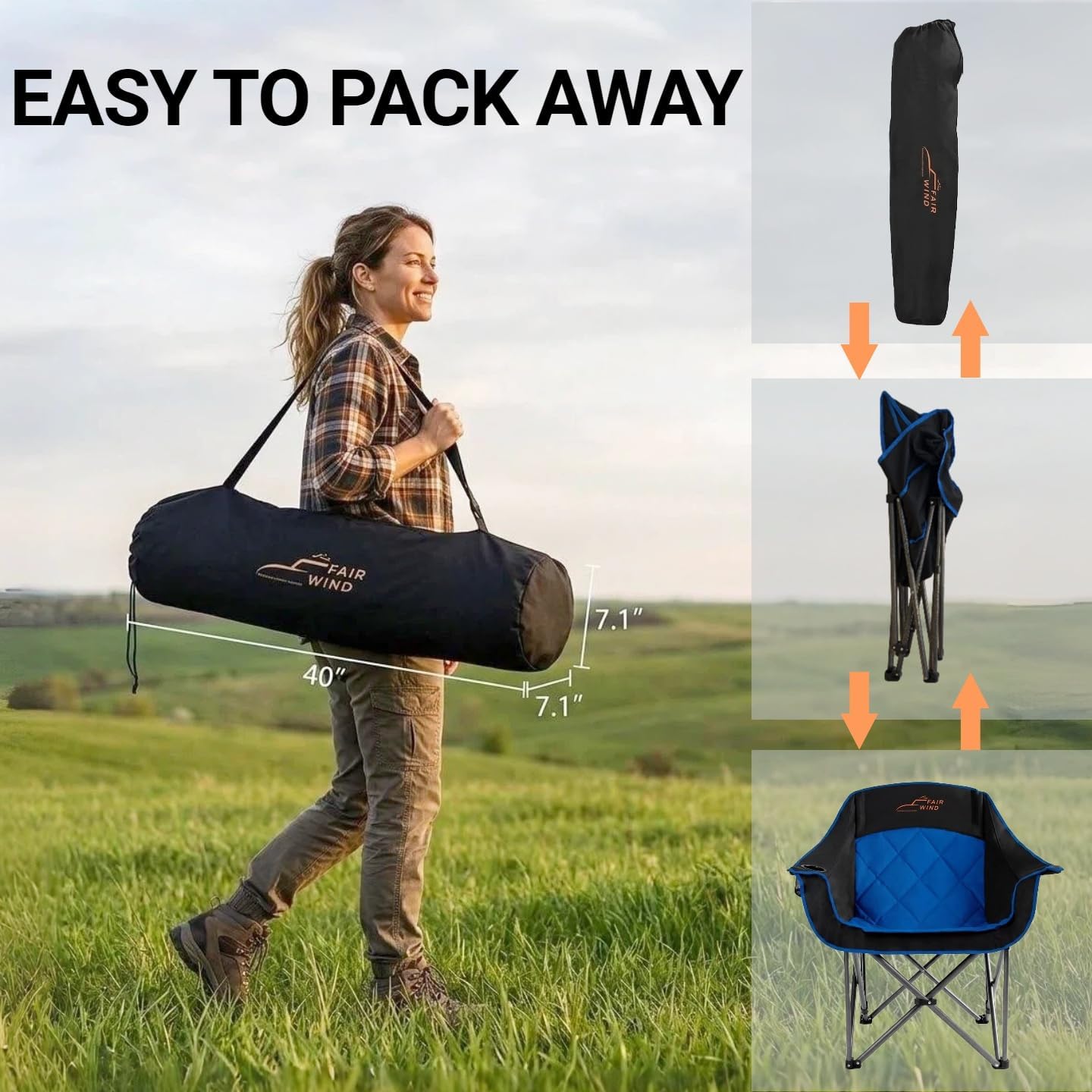 FAIR WIND Oversized Padded Camping Chair Heavy Duty Quad Fold Arm Chair Portable for Outdoor - Support 500LBS, Blue
