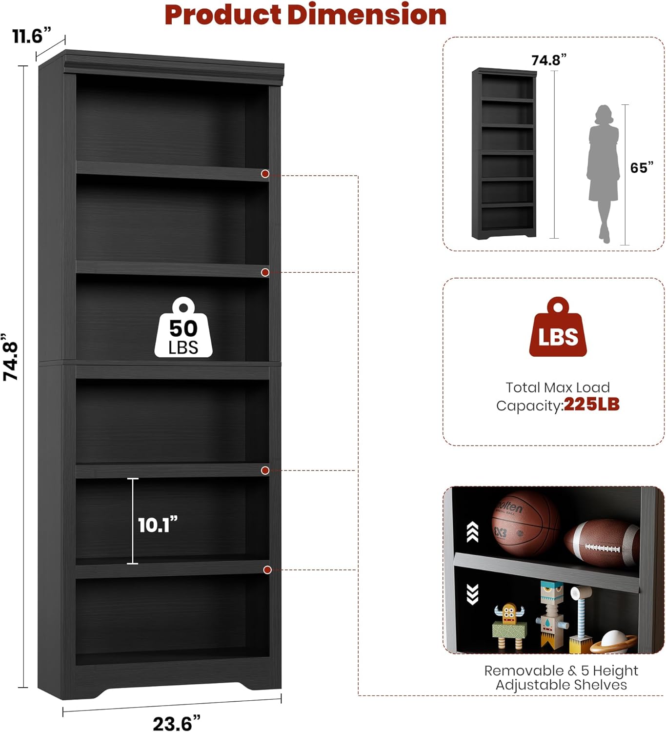 6 Tier Bookshelf, 75" Tall Farmhouse Bookcase - with Adjustable Shelves, Floor Standing Open Display Storage Rack with Anti-Slip Design for Home Office, Balcony, Library, Study / Living Room, Black