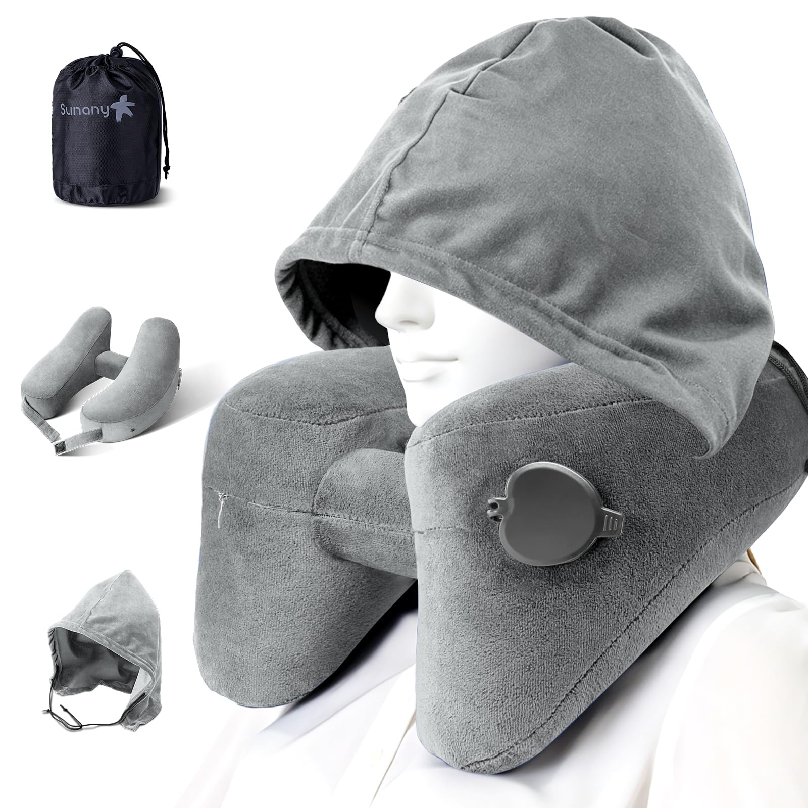 Inflatable Neck Pillow for Airplane Travel with Hoodie, Portable Neck Head Chin Support for Long Haul Flights Sleeping Napping, with Soft Velour Cover Hat, Travelling Sleep Essentials for Plane Train