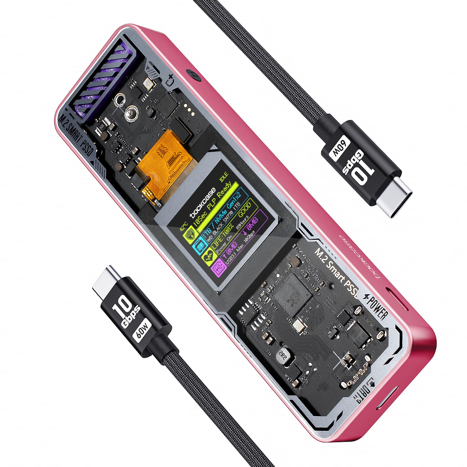Generic DOCKCASE M.2 NVMe SSD Enclosure-10s Power Loss Protection, NVMe M.2 Enclosure Real-time SSD Health Detection, Dual Type-C Ports USB-C 3.2 Gen 2 (10Gbps) Supports NVMe SSD Up to 4TB (Pink)