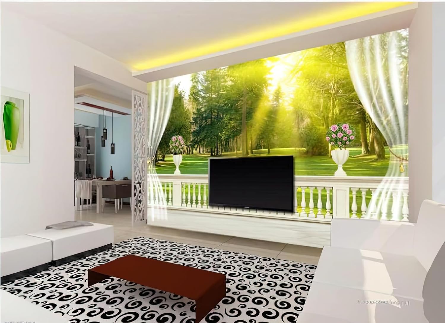 Balcony Curtain Natural Landscape 3D Photo Wallpaper Mural, Grass Trees Sunshine Mural Wallpaper, Wall Decor for Living Room Bedroom TV Background Hotel Bar Mural - 118"x 91"(W x H)