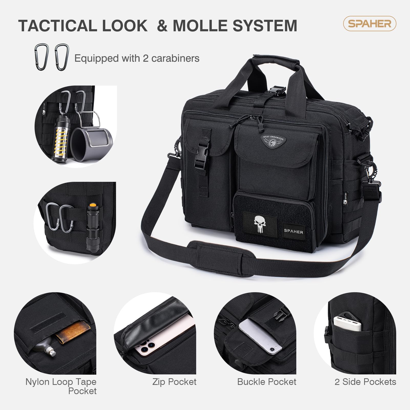SPAHER 3 in 1 Borsa Porta PC 17,3" Zaino Tattica Borsello Uomo a Mano Nero | Sistema MOLLE, Scomparto per Laptop Imbottito, Oxford Impermeabile, Tracolla Nascosta, per Lavoro Camping Escursioni Viaggi