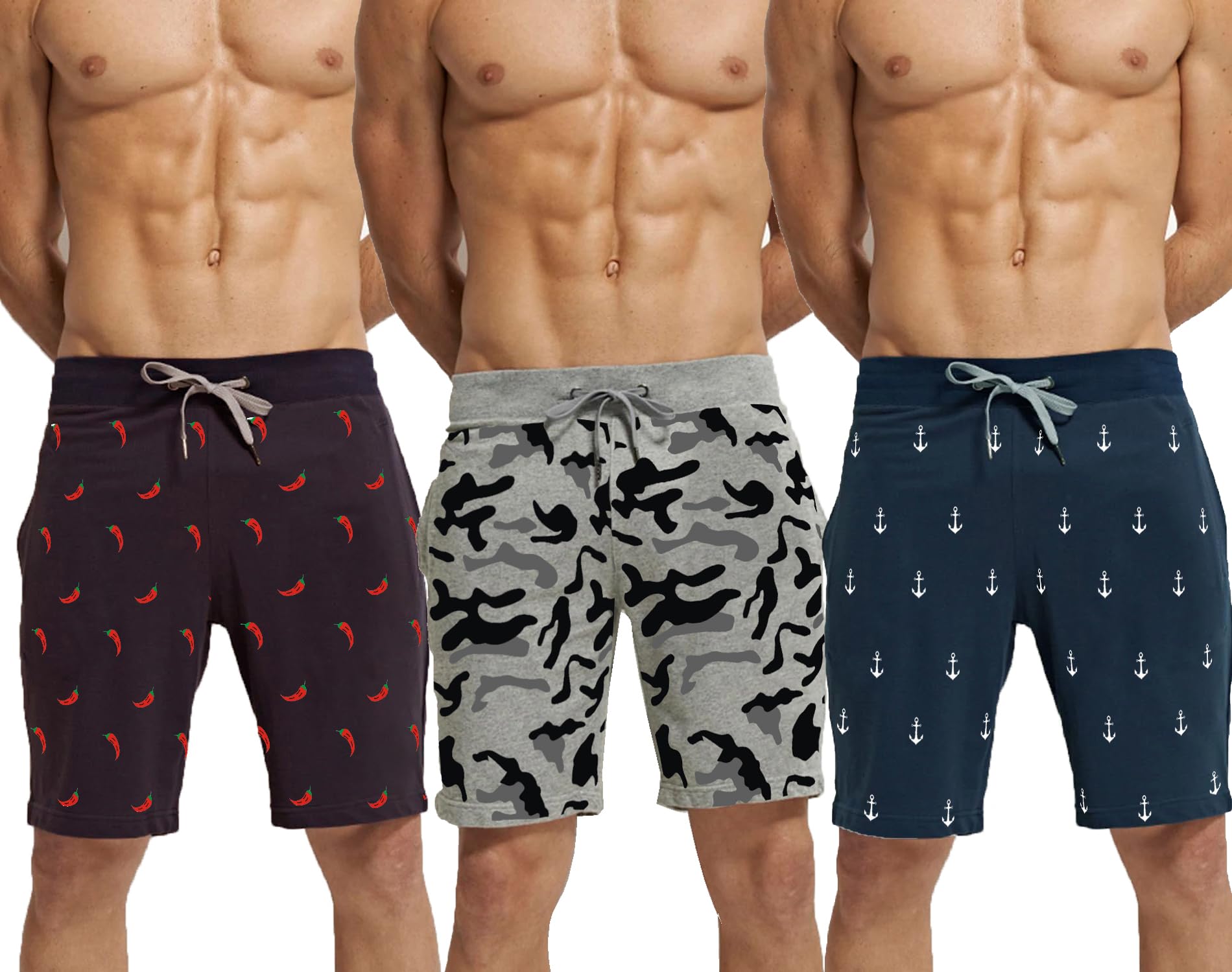 hotfitsMen's Black, Grey & Blue Cotton Regular Shorts - Running, Workout, Yoga, Gym Shorts - Pack of 3