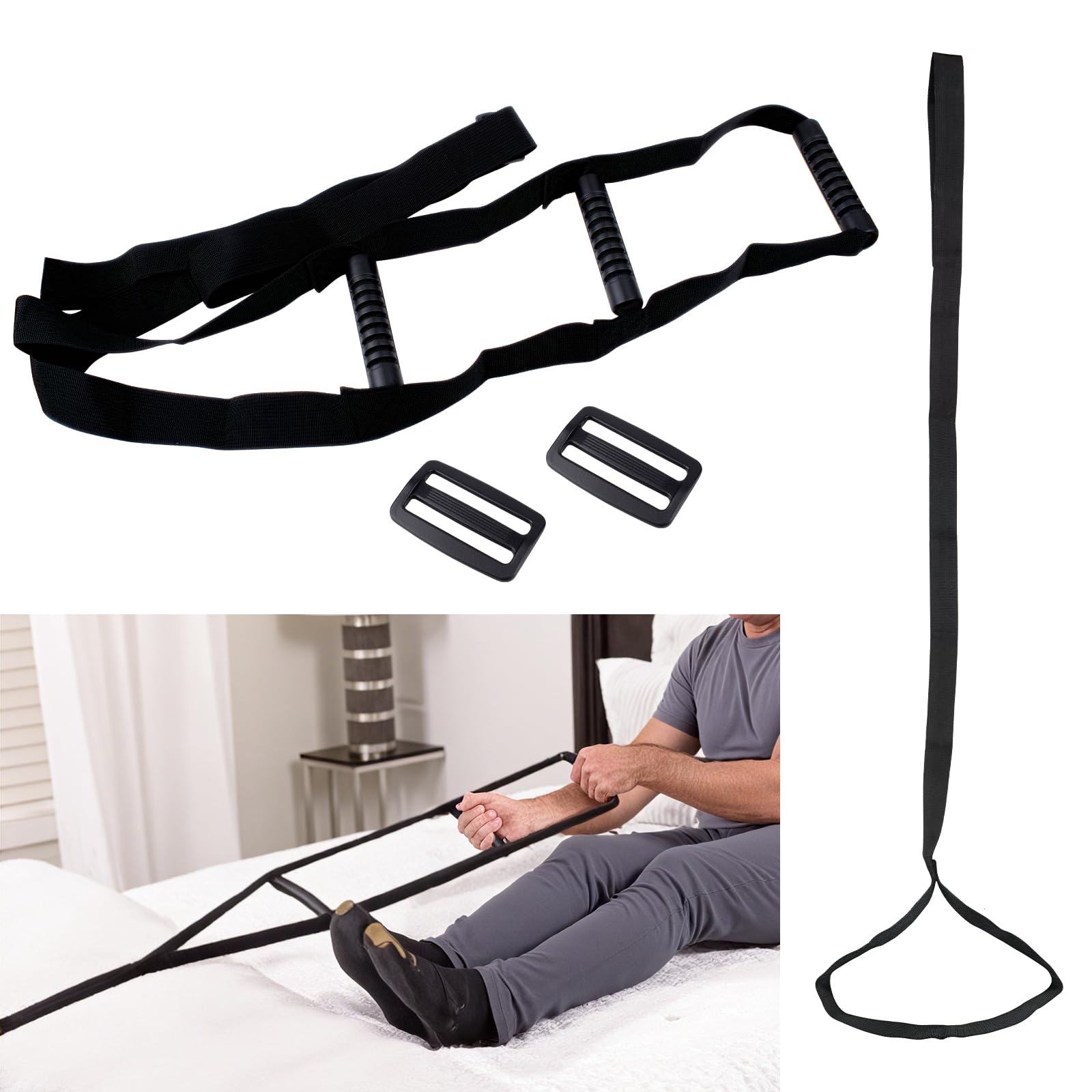 2 Pezzi Aiuto Scaletta da Letto con 3 Maniglie e Sollevatore Gamba e Piede Nero,Dispositivo Assistenza per Alzarsi dal Letto Adatto ad Anziani,Donne Incinte,Persone Disabili e Infortunate
