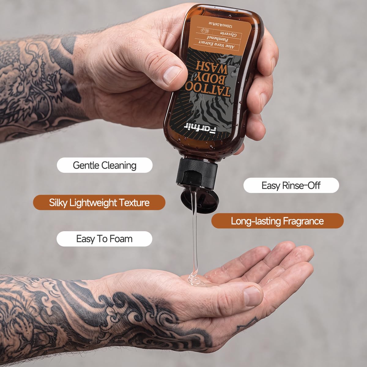 Tattoo Body Wash 4.06 fl oz / 120 ml, Gentle Cleansing Shower Gel for Tattooed Skin, Moisturizing Body Cleanser with Lightweight Formula, Daily Body Care Wash for Men and Women