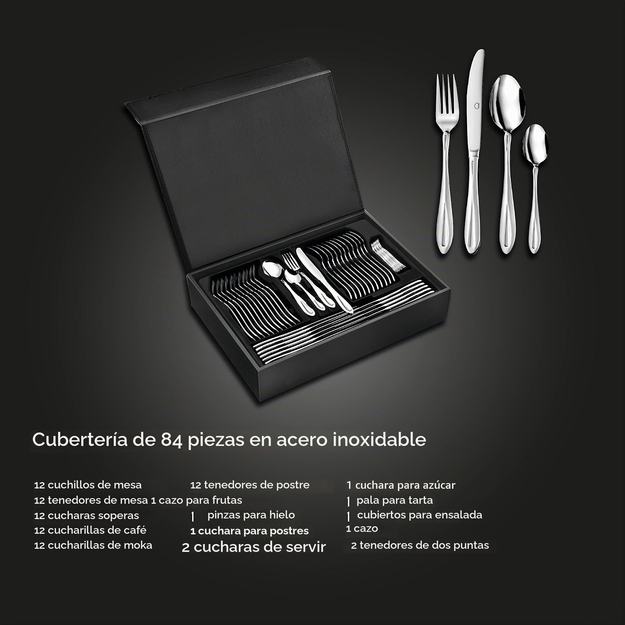 Pradel Excellence D570C - Cubertería de 84 Piezas, Efecto Espejo, en Estuche de presentación de Madera con un cajón