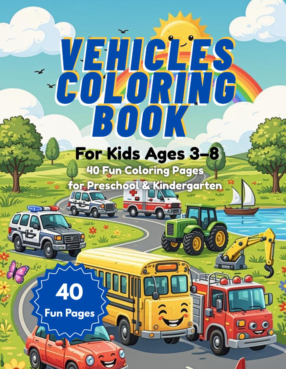 Vehicles Coloring Book for Kids Ages 3–8: 40 Fun and Easy Vehicle Coloring Pages Featuring Cars, Trucks, Trains, Airplanes, Boats, Construction Vehicles, and More for Preschool & Kindergarten
