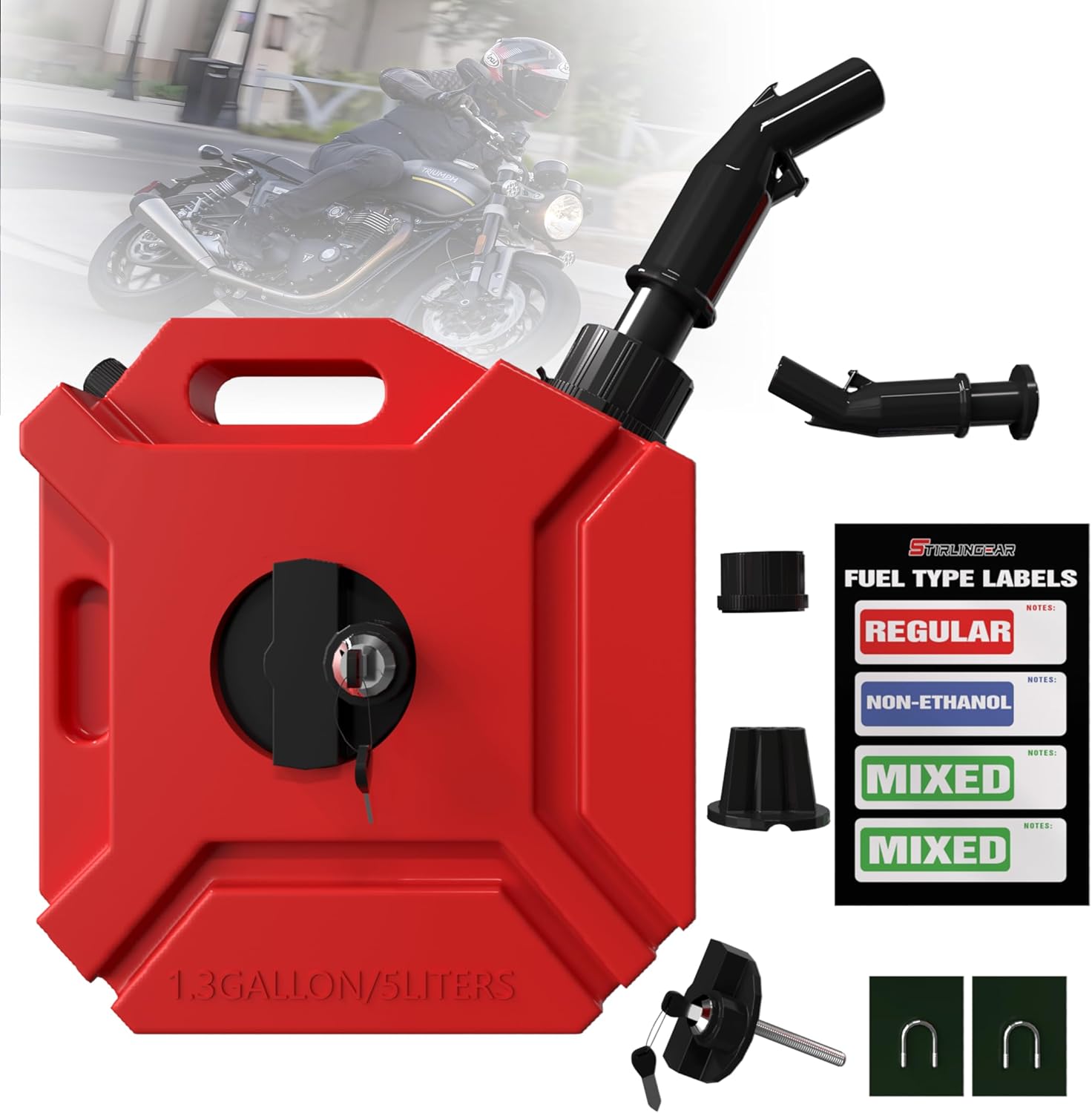 1.3 Gallon/5L, Storage Container with Spout and Lockable Bracket, Auto-Off Function & Adjustable Flow Rate, Compatible with Most Cars Motorcycle SUV ATV UTV