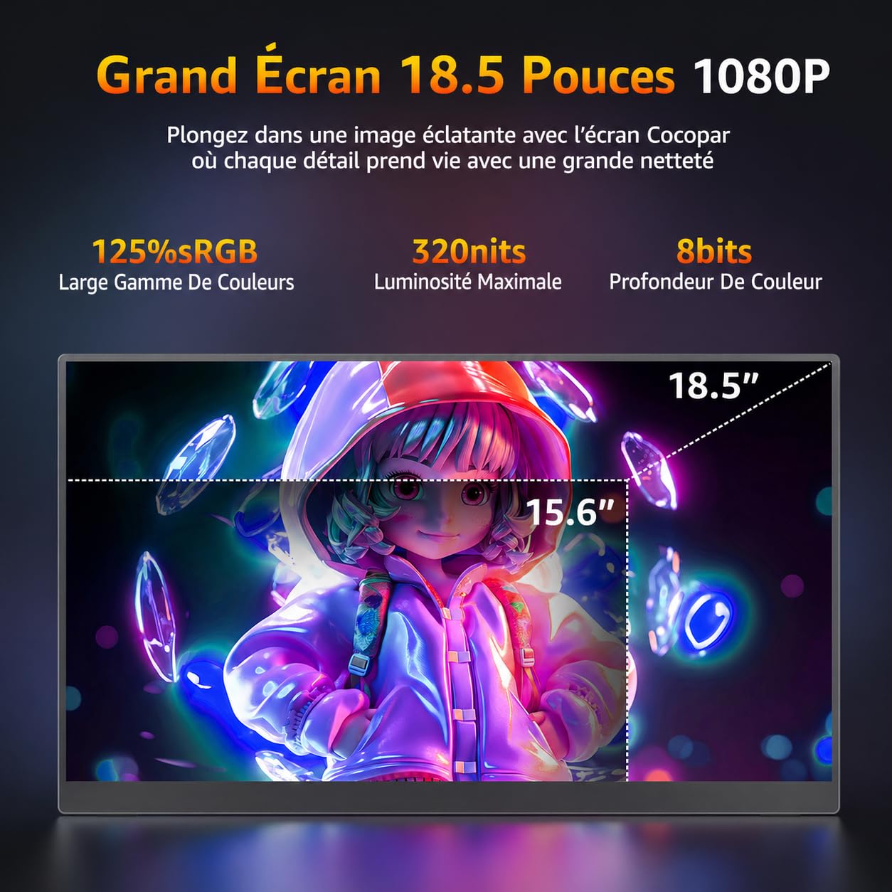 cocopar Ecran Portable 18,5 Pouces 1080P FHD 120% sRGB 100Hz avec Haut-Parleur HDMI USB-C Moniteur Portable pour Ordinateur Portable MacBook Surface PC Xbox PS5, VESA, avec Support Intégré