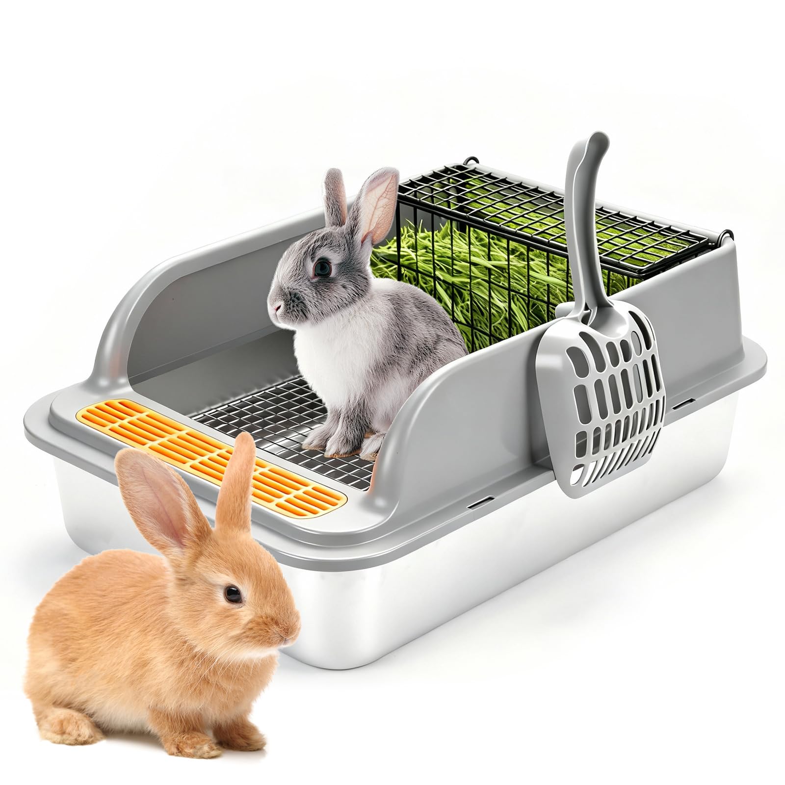 Stainless Steel Rabbit Litter Box w Hay Feeder and Litter Scoop, 19.7 x 13.8 x 7.9 Inch Large Litterboxes w Raised Grid, High Sided Kiter Box for Bunny, Guinea Pig, Ferret, Small Snimal, Hamster
