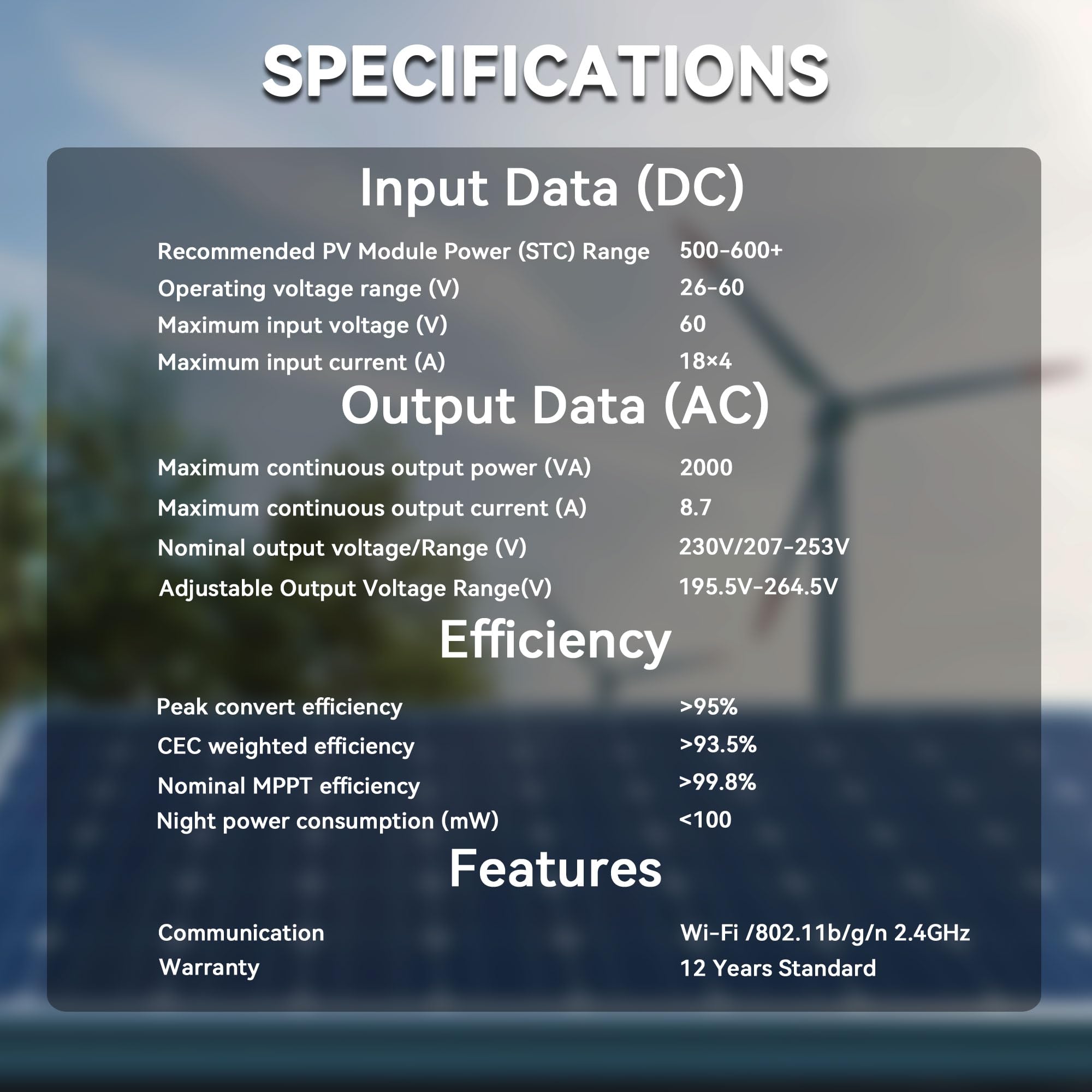 RC Micro inverter 2000 W, ingresso CC 26-60 V, inverter modulo PV, micro convertitore MPPT, Controllo dell’app tramite Wi-Fi