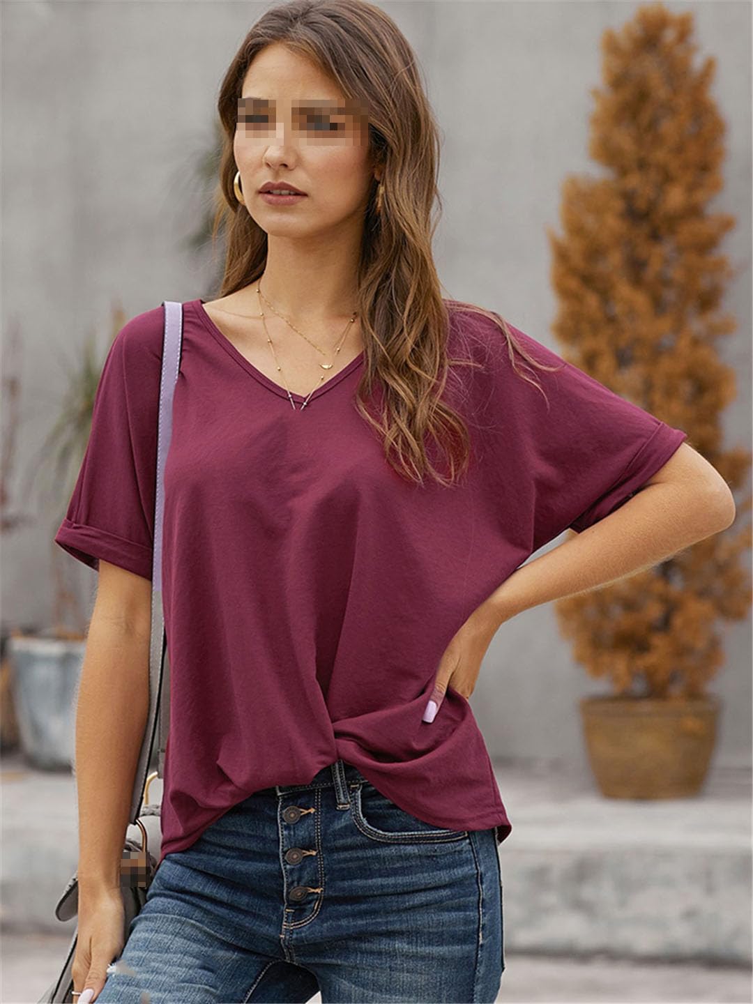 Vogrtcc T-Shirt Casual da Donna Top Basic con Scollo A V T-Shirt Larghe A Maniche Corte