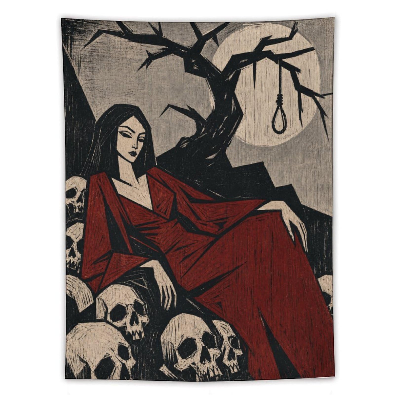 W7C8U2X3 Woman in Red Kimono with Skulls Wall Tapestry, College Dorm