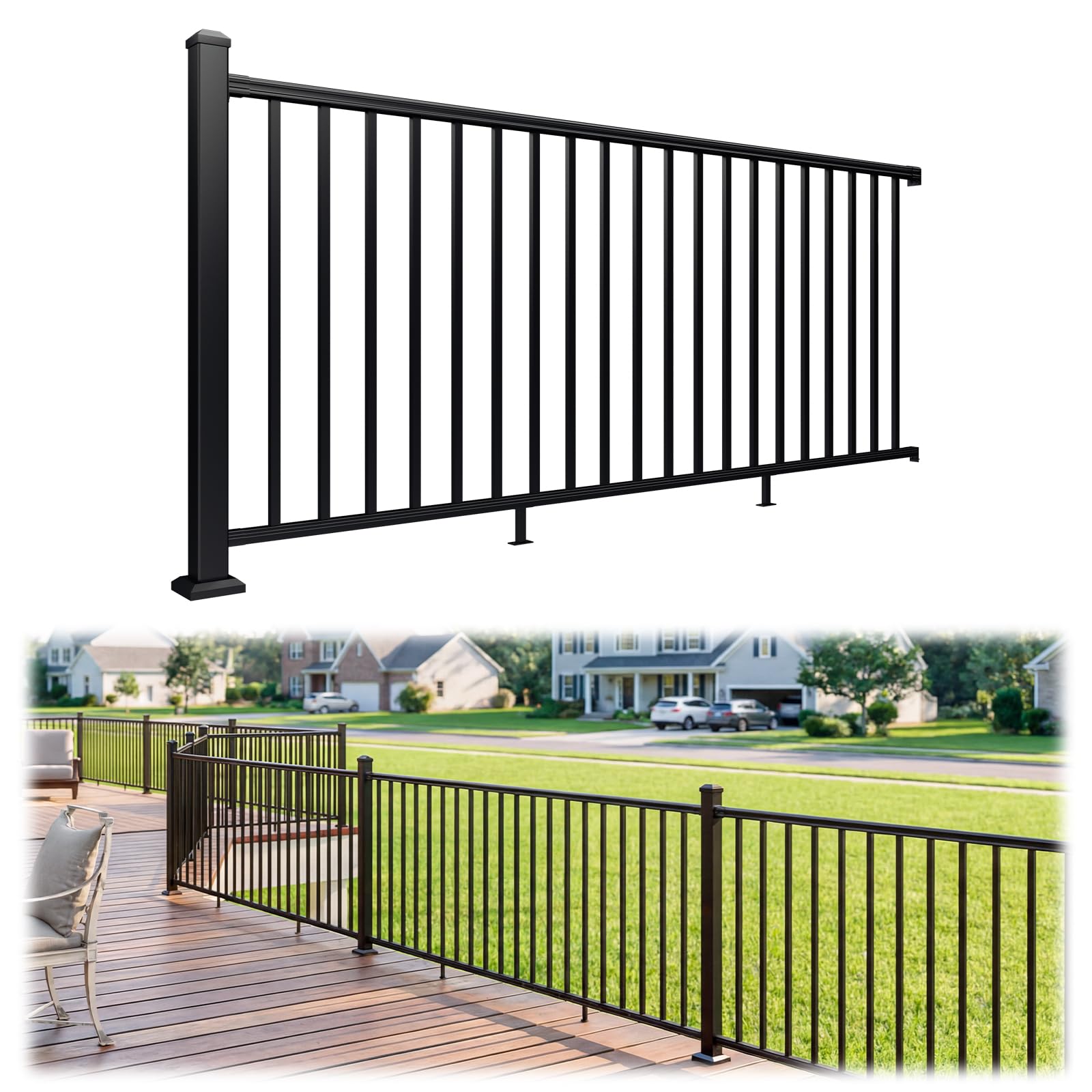egadis 42 in. h x 8 ft. w porch and deck railing kit, aluminum railing kit, black textured aama 2604 powder-coat finish modular rail system for outdoor decks, porches & balconies (1 post, 1 panel)
