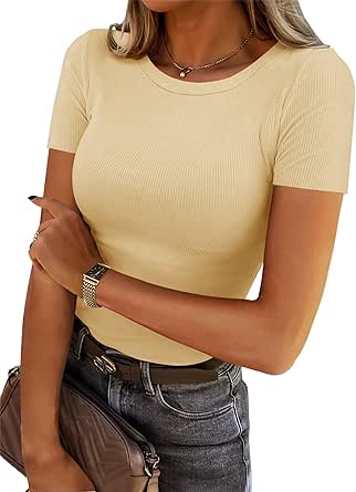 Chulianyouhuo Maglietta Donna A Costine Aderente Manica Corta – Girocollo Slim Basic In Cotone Elasticizzato - 3