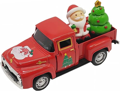 Decoración de camión de Navidad roja vintage  Pastilla de metal fundido a presión retro de 4.9 pulgadas con figuras de Papá Noel y árbol de Navidad