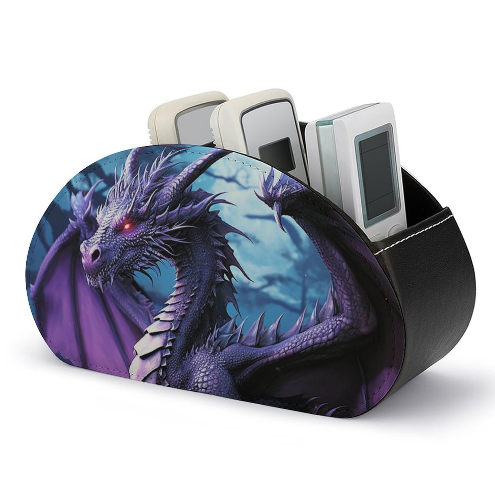 DWVTSLH Purple Dragon Purple Moon Remote Control Holder with 5 Compartments - PU Leather TV Remote Holder Remote Caddy Desktop Organizer Makeup Brush Holder, Remote Storage Box for Home Office