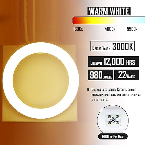 Miniatura 8 de FC8T9WW Bombilla circular fluorescente redonda T9 de 22 vatios de 8 pulgadas, blanco cálido 3000K, FC8T9 980 lúmenes G10Q base de 4 pines 22 W luces