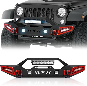 YZONA لـ Wrangler JK JL & Gladiator JT المصد الأمامي متوافق مع 2007-2026 Jeep Wrangler JK JL JKU JLU Unlimited & Gladiator JT 2/4 أبواب مع لوحة ونش، 5 مصابيح LED، درع قابل للطلاء، حلقات D