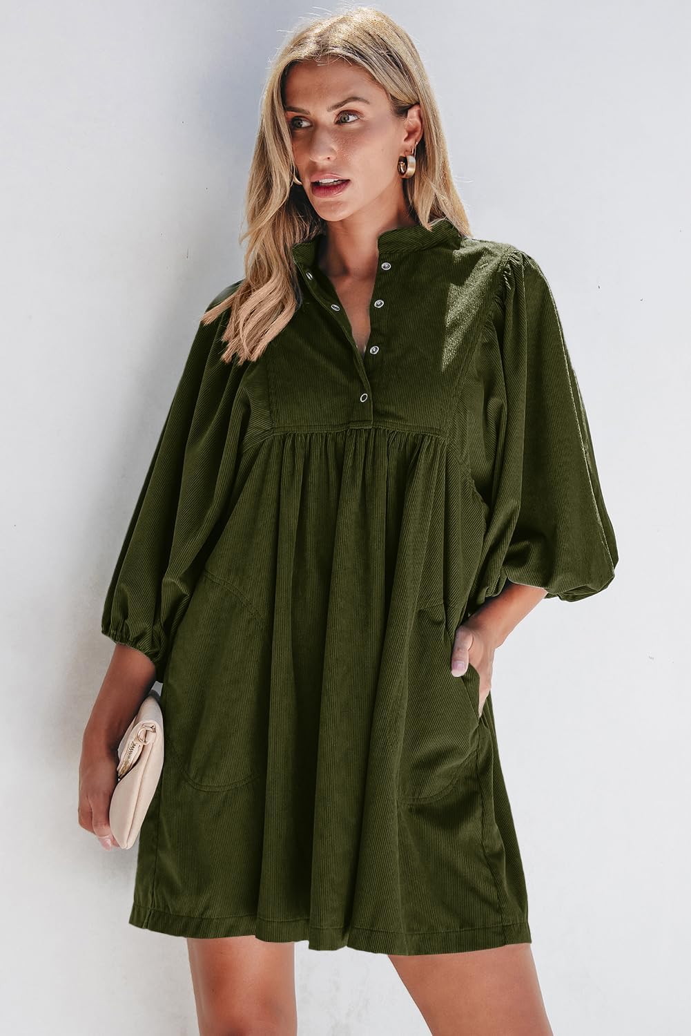 Womens Casual Dresses Corduroy Button Up Empire Waist 3/4 Sleeve Fall Winter Mini Babydoll Dress