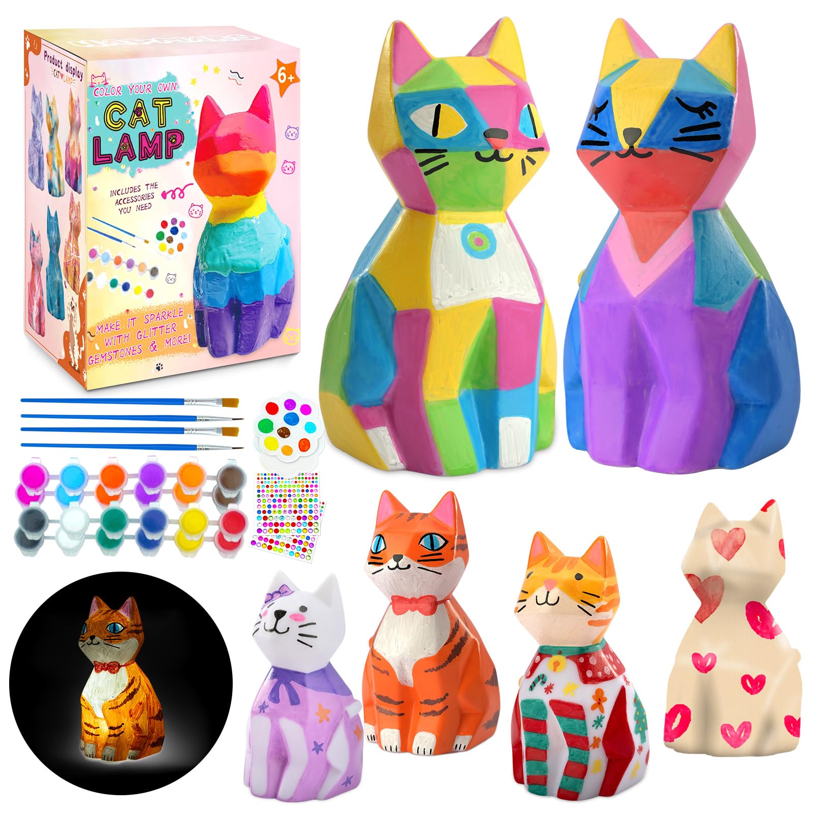 2Pcs Paint Your Own Cat Lamp Kit,DIY Cat Crafts Night Light,Art Supplies Painting Kits for Kids Age 4 5 6 7 8 9 10 11 12+, Creative Birthday Easter Halloween Christmas Gifts for Girls Boys