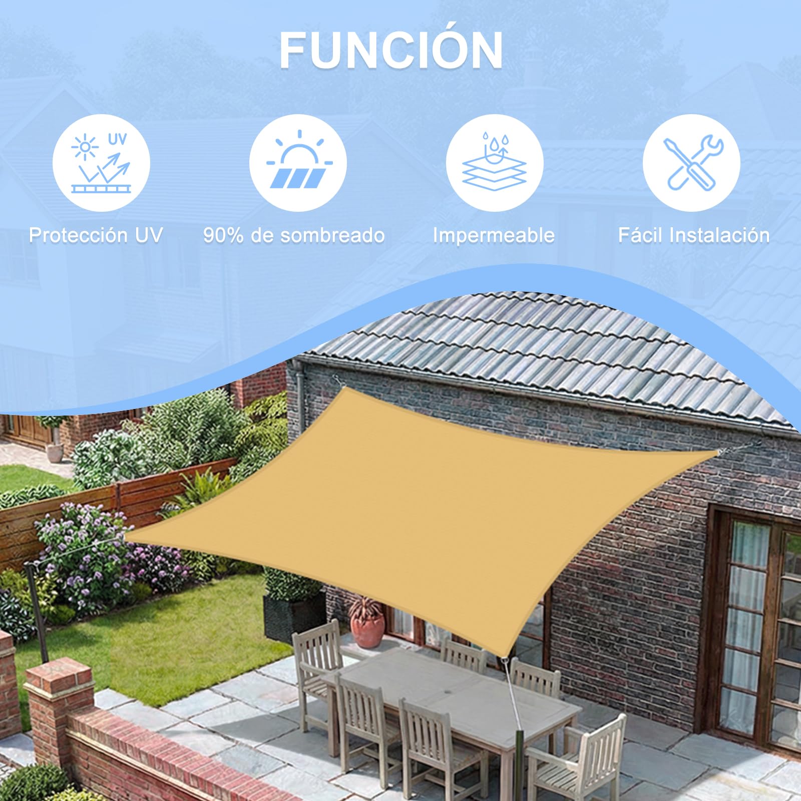 COOL AREA Toldo Vela de Sombra Impermeable Rectángulo 2x3m UV Block Resistente a la Intemperie para Patio Jardín Patio Exterior,Arena — view 2