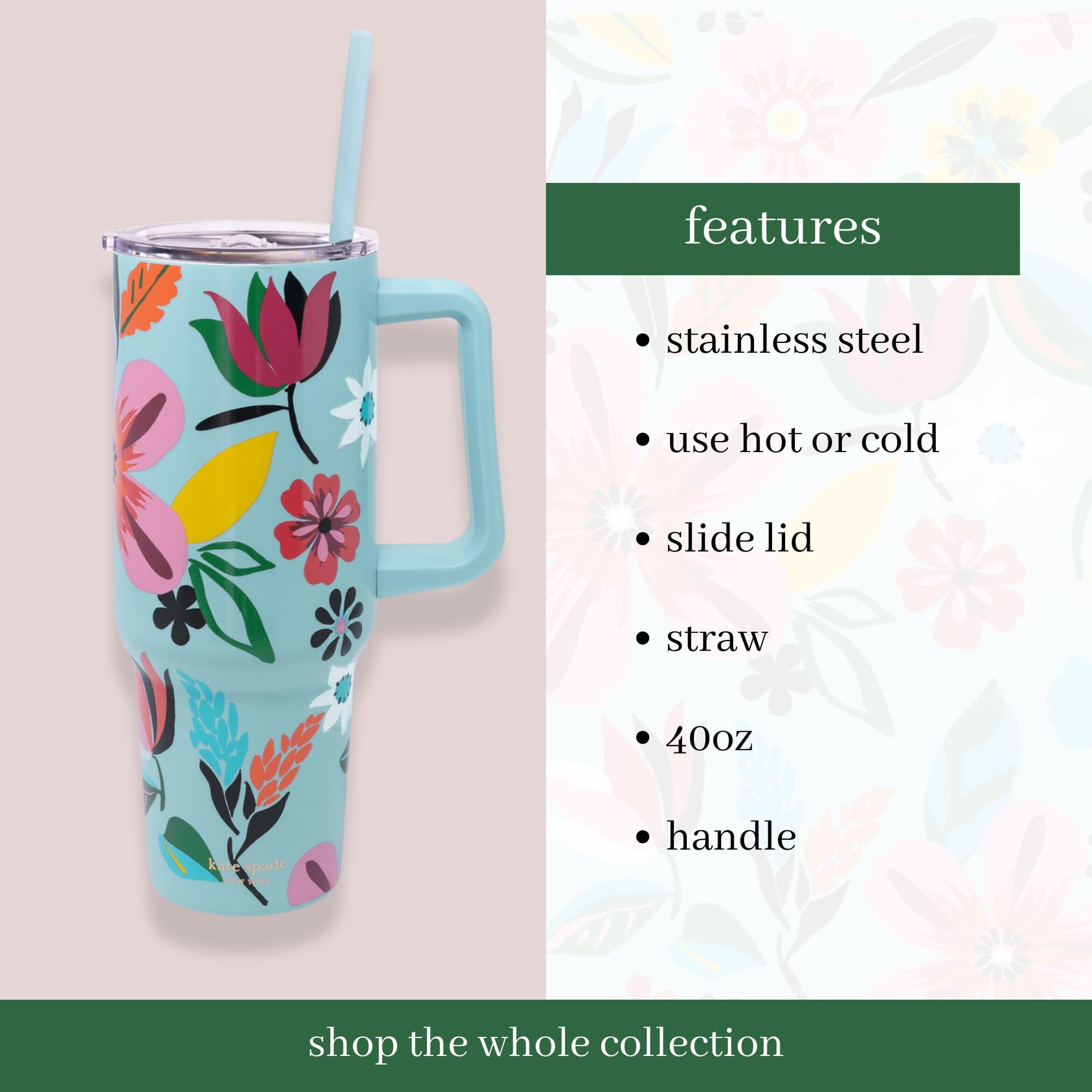 Kate Spade New York, 30ml Double Wall Stainless Steel Insulated Tumbler with Handle and Straw, Fits in Cup Holders, BPA Free - Image 3