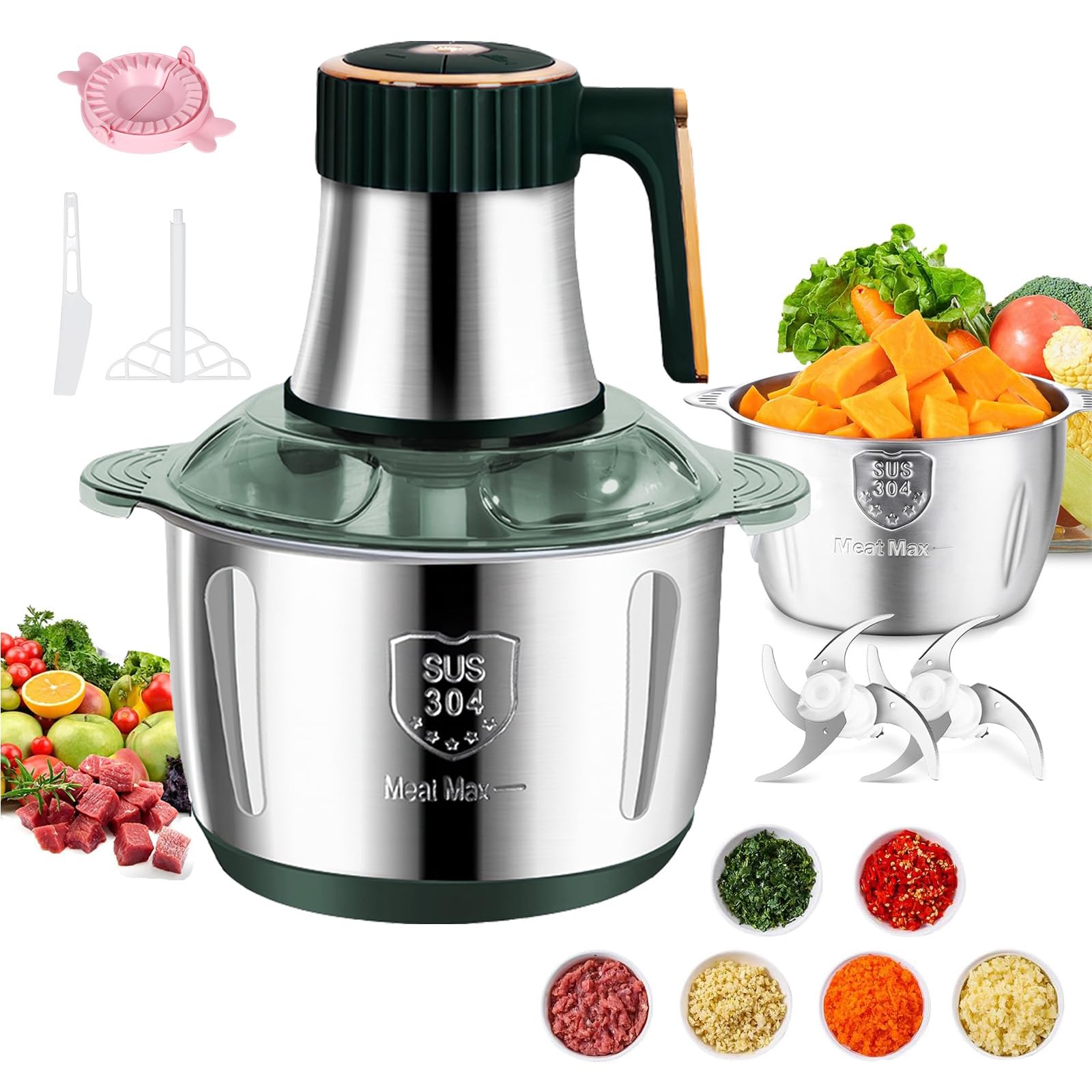 Hachoir électrique 5L,Avec Bol Acier Inox 500W,Mixeur Hachoir Multifonction pour Légumes,5 Niveaux de Vitesse Hachoirs d'Aliments,6 Lames Amovibles pour Viande Légumes et Fruits (Type A)