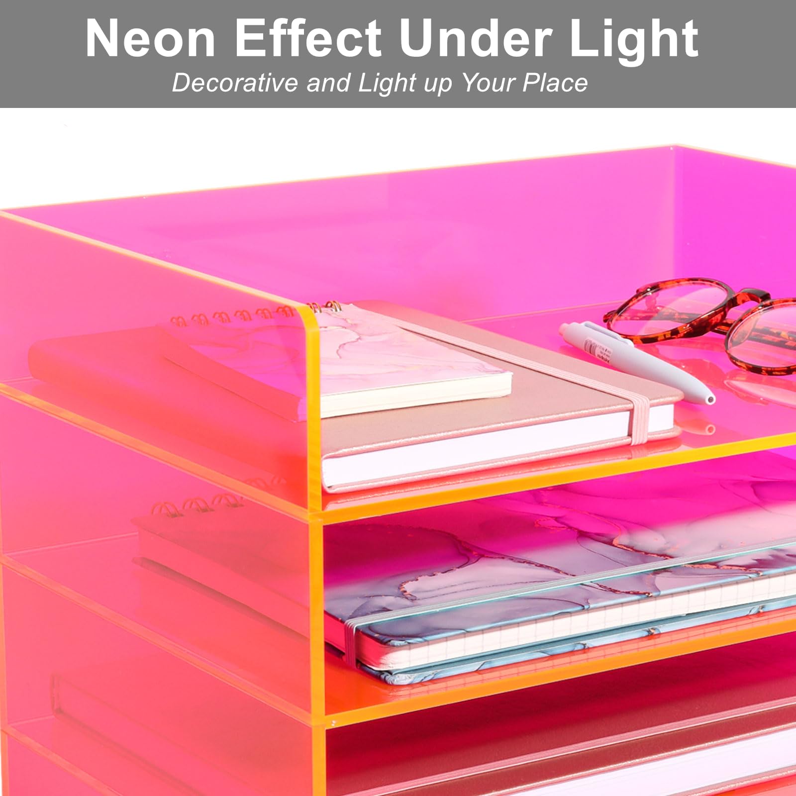 Gelite Organizador de archivos acrílico para escritorio, bandeja apilable de 4 niveles, bandeja de cartas, almacenamiento de papel de oficina, clasificador de documentos de escritorio, rosa neón