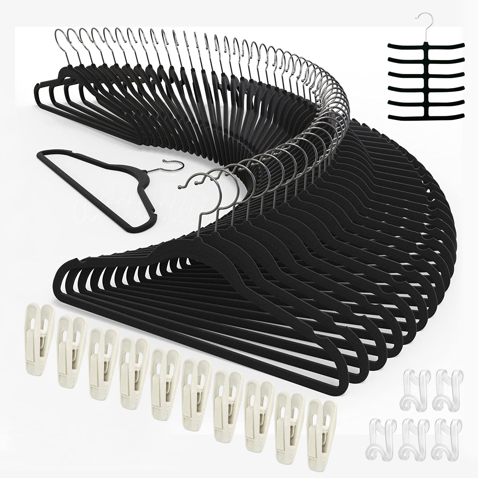 Tycom Clothes Hangers (50 Pack) Velvet - Ultra Thin Space Saving Coats Clothes Hangers Non-Slip Suit Hangers with 360 Degree Swivel Hook Hold Up-to 5KG for Jackets, Pants, Dress- 50p Black