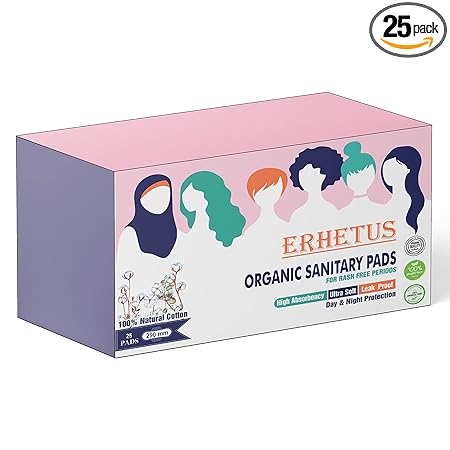ERHETUS 100% Natural Organic Sanitary Pads for Women | Biodegradable Bamboo Base Sanitary Napkins for Girls | Pure Cotton Base Pad | High Absorbent, Rash-Free, Chemical Free - 25 Pads (XL, 290 mm)