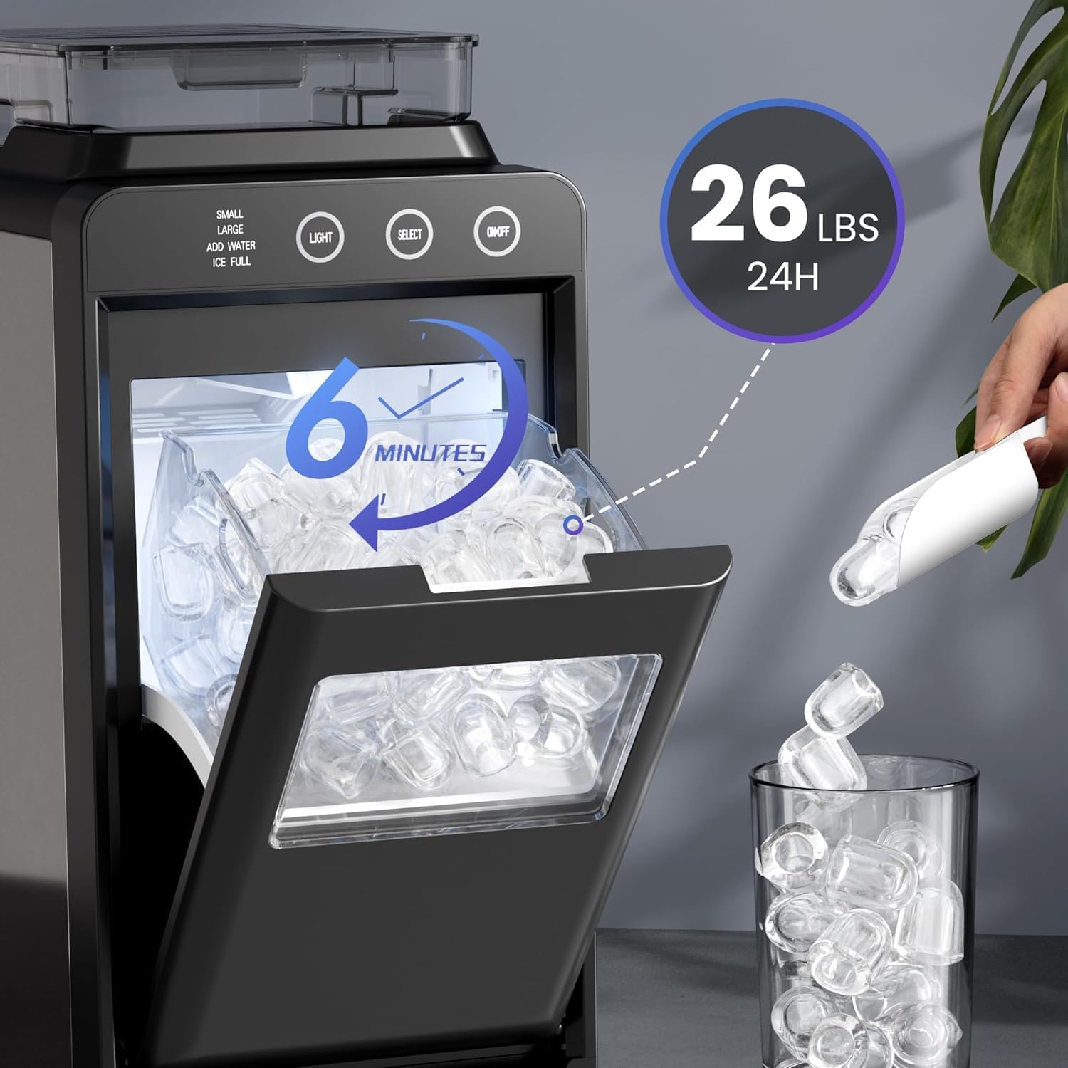 Electactic Countertop Ice Maker - 26Lbs/24H, 8 Cubes in 6 Mins, 1.2L Top Water Tank, 2 Sizes Bullet Ice, Auto-Clean & LED Light, Portable for Home Office Party