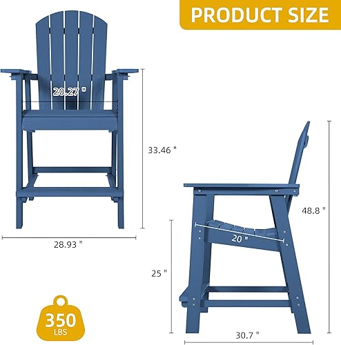 Miniatura 3 de DWVO Juego de 2 sillas Adirondack de 25 pulgadas de alto, sillas de balcón de altura de barra de polietileno, silla salvavidas para exteriores,