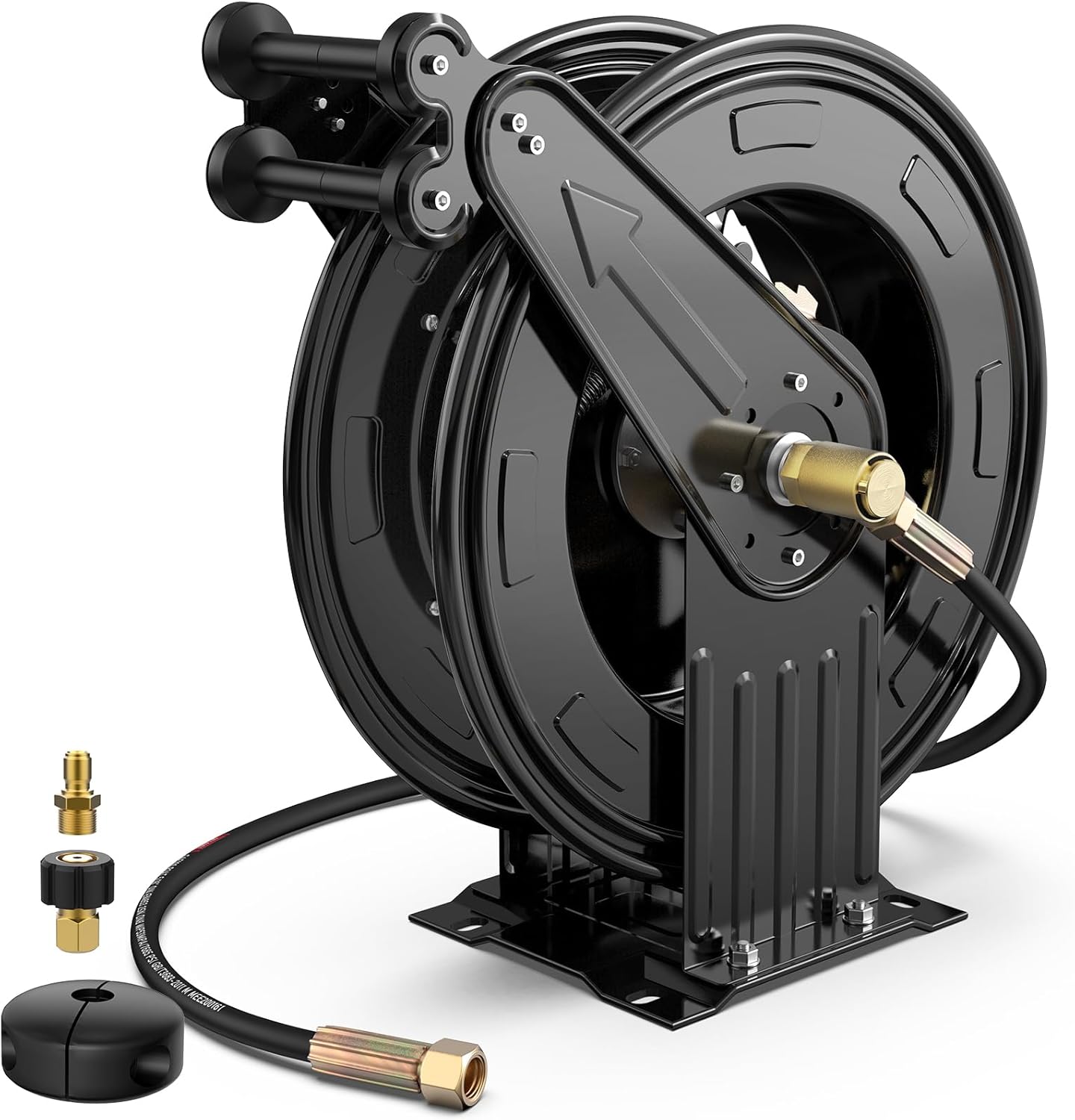 Pressure Washer Hose Reel, 3/8 in x 50 ft Retractable Pressure Washer Reel, 4000 PSI Auto Rewind Heavy Duty Steel Power Wash Hose Reel with 5 ft Lead for Air/Oil/Water