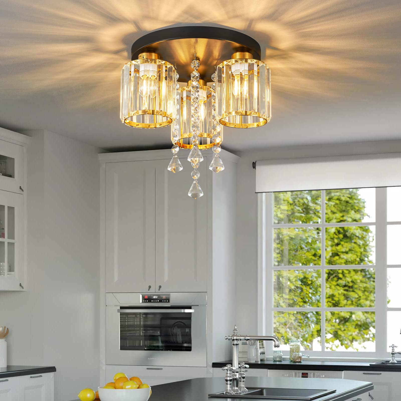 Semi Flush Mount Lampada da soffitto a 3 luci da soffitto vicino al soffitto in oro nero cristallo design moderno lampada per cucina, ingresso, camera da letto, bagno, corridoio