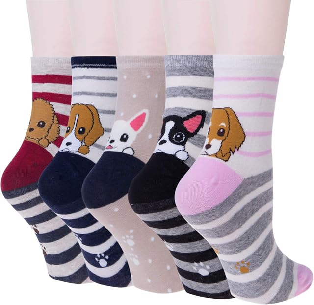 5 Pairs Womens Animal Funny Socks, Cute Cat Dog Cotton Socks for Ladies - Thermal Warm Socks for Winter Christmas, One Size