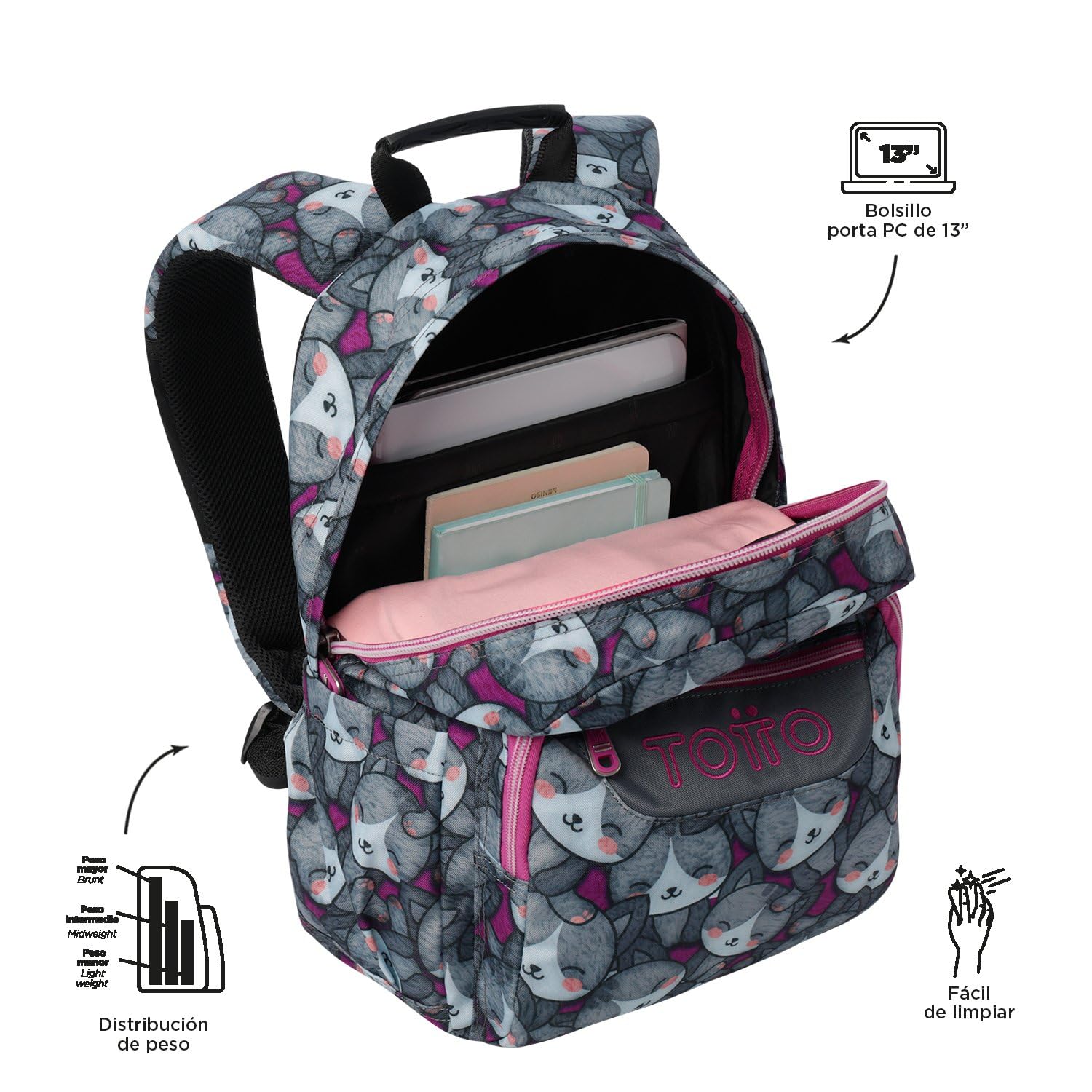 TOTTO - Mochila Escolar, Modelo Gommas, Mochila Mediana, Capacidad 15 L, Bolsillo para PC 14", Bolsillo Botella, Espaldar Ergonómico con Flujo de Aire, Cómodas Correas en S, Estampado Kitten Rose