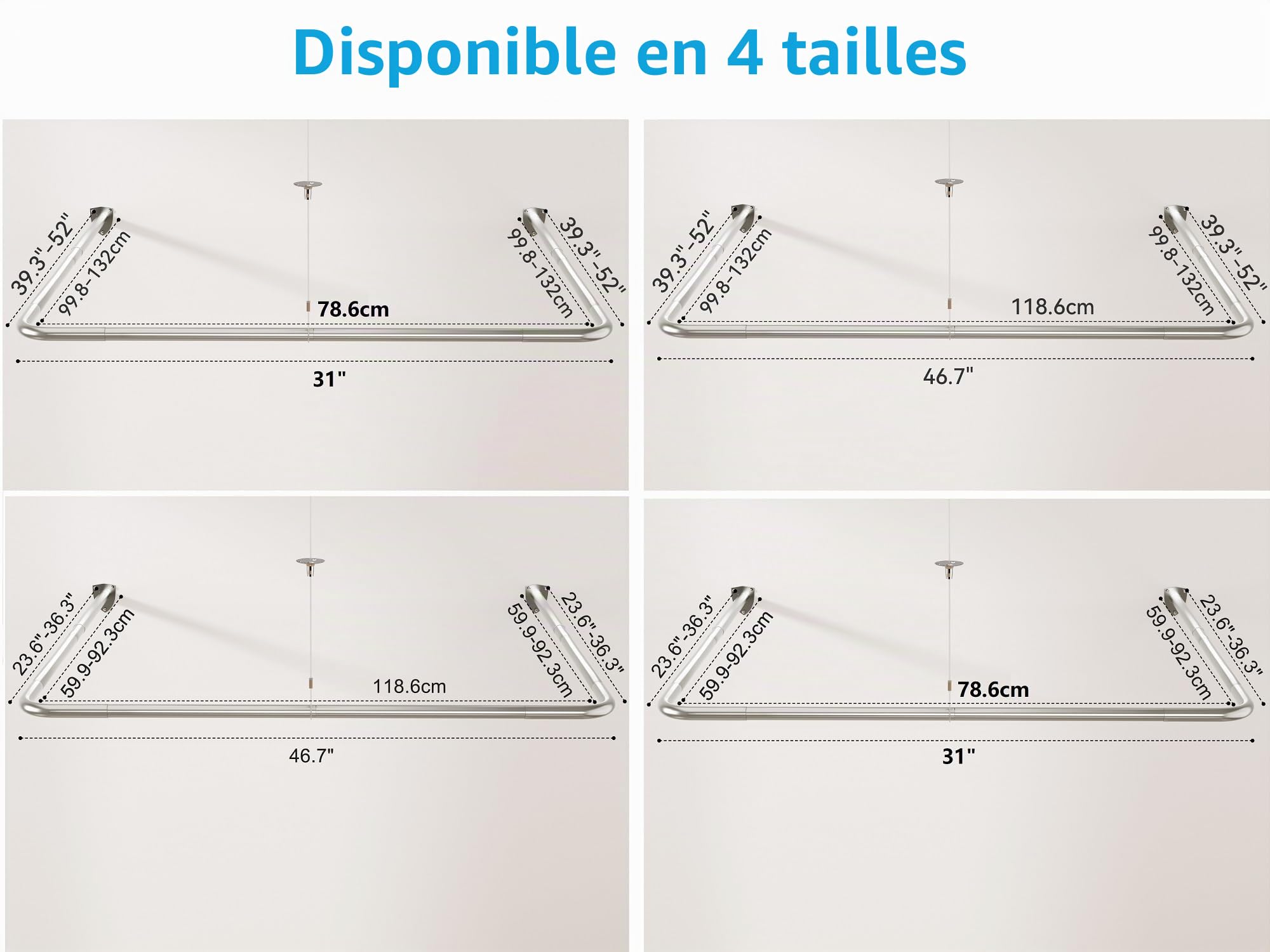 Tringle à rideau de douche en forme de U, barre de douche d'angle avec 12 anneaux de rideau et support de plafond pour baignoire/salle de bain, montage par perçage requis [Deux côtés : 60 cm - 132 cm