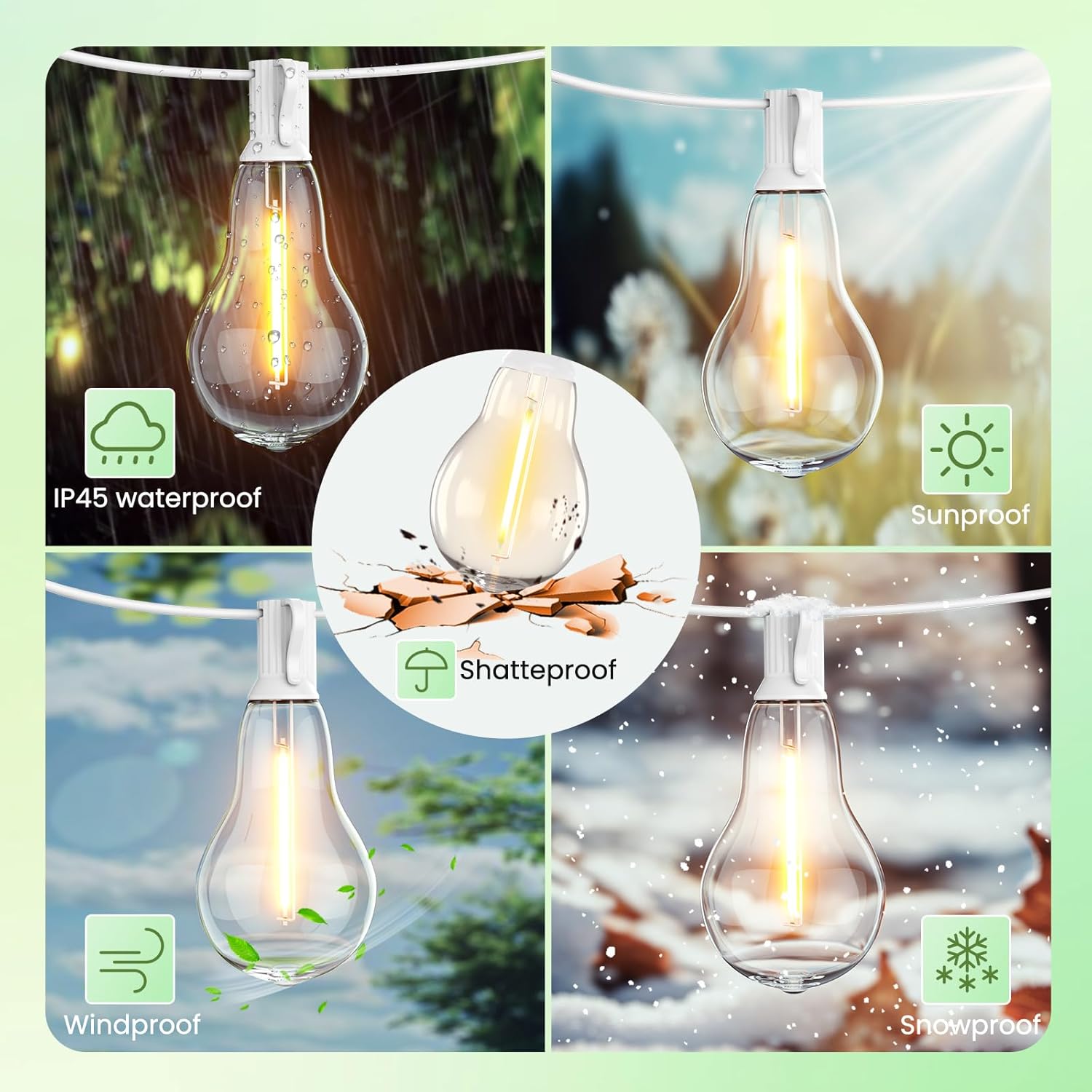 Outdoor String Lights, 100FT LED Patio String Light, String Lights for Outside with 53 LED Bulbs (3 Spare), White Outdoor Light for Yard, Gazebo, Pergola, Porch, Balcony, White Cord