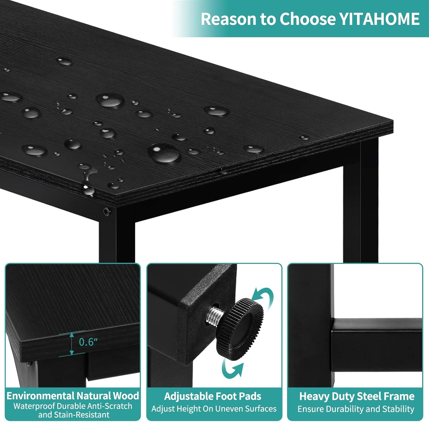 YITAHOME Desk Features: Environmental Natural Wood, Adjustable Foot Pads, Heavy Duty Steel Frame
