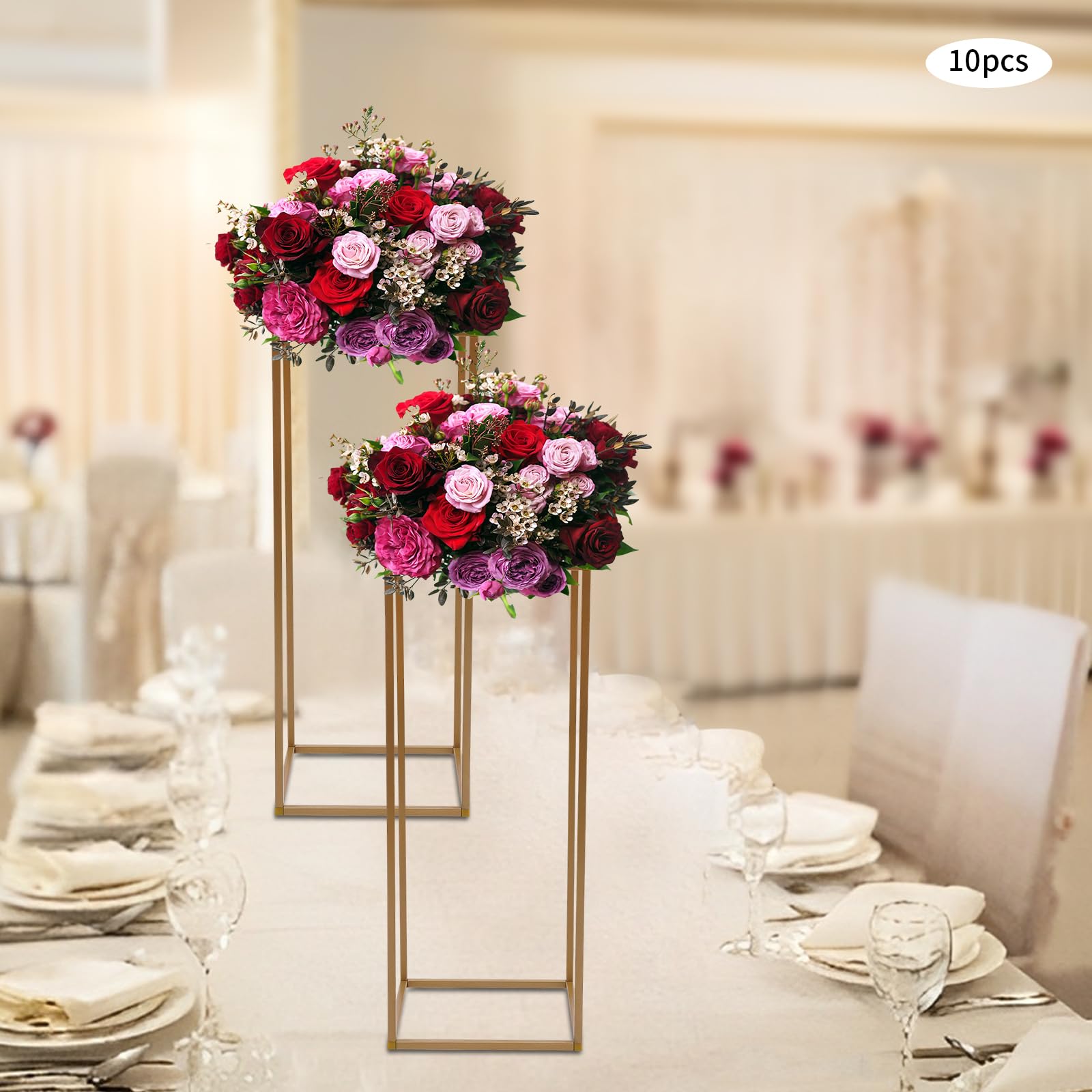60cm 10 Stück Blumenständer Gold, Tischvasen mit Acrylplatten für Hochzeit | 10 Stück, 60cm, Gold, mit Acrylplatten, Eisen, 10kg Tragkraft, für Tischdeko & Hochzeit