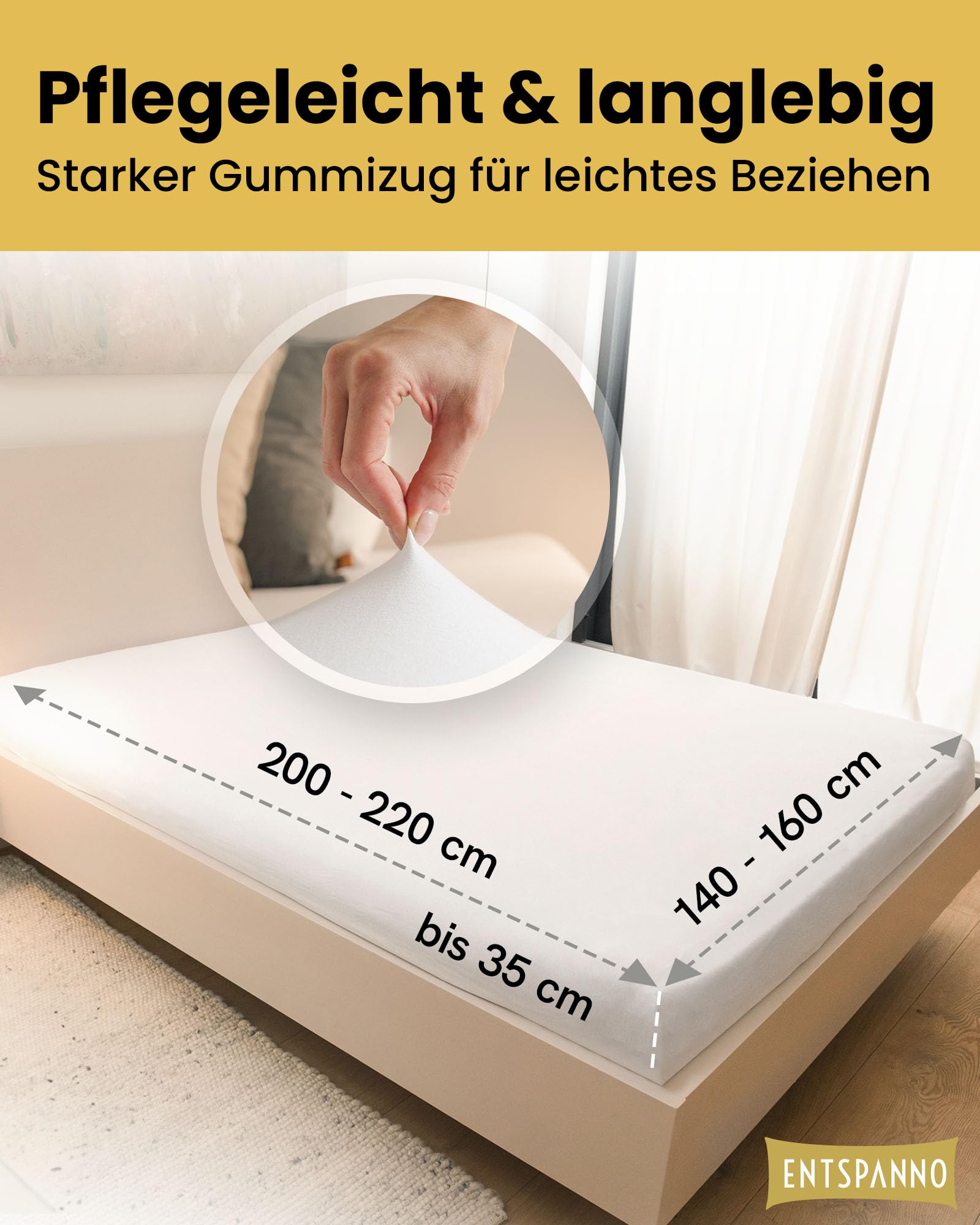 ENTSPANNO Luxus Spannbettlaken 140x200 bis 160x220 cm - Aus weichem Premium Jersey - auch ideal für Wasser- u. Boxspringbett bis 35cm Höhe - Weiß