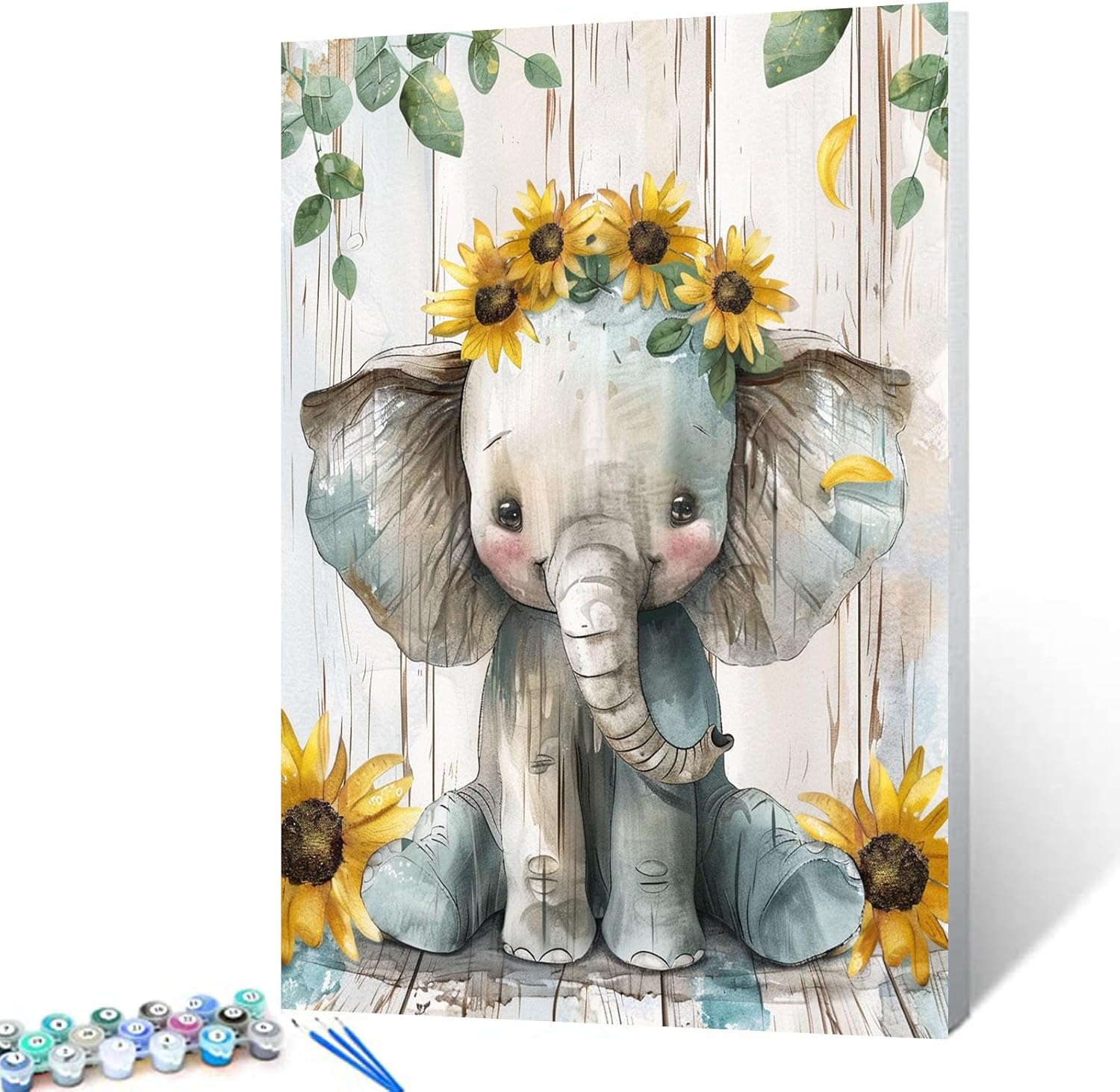 Aihonmin Cute Elephant Paint by Numbers Kits with Brushes and Acrylic Pigment Sunflower Painting for Adults Beginner Rustic Style Pictures Craft Home Decor 16''x20''(DIY Framed)