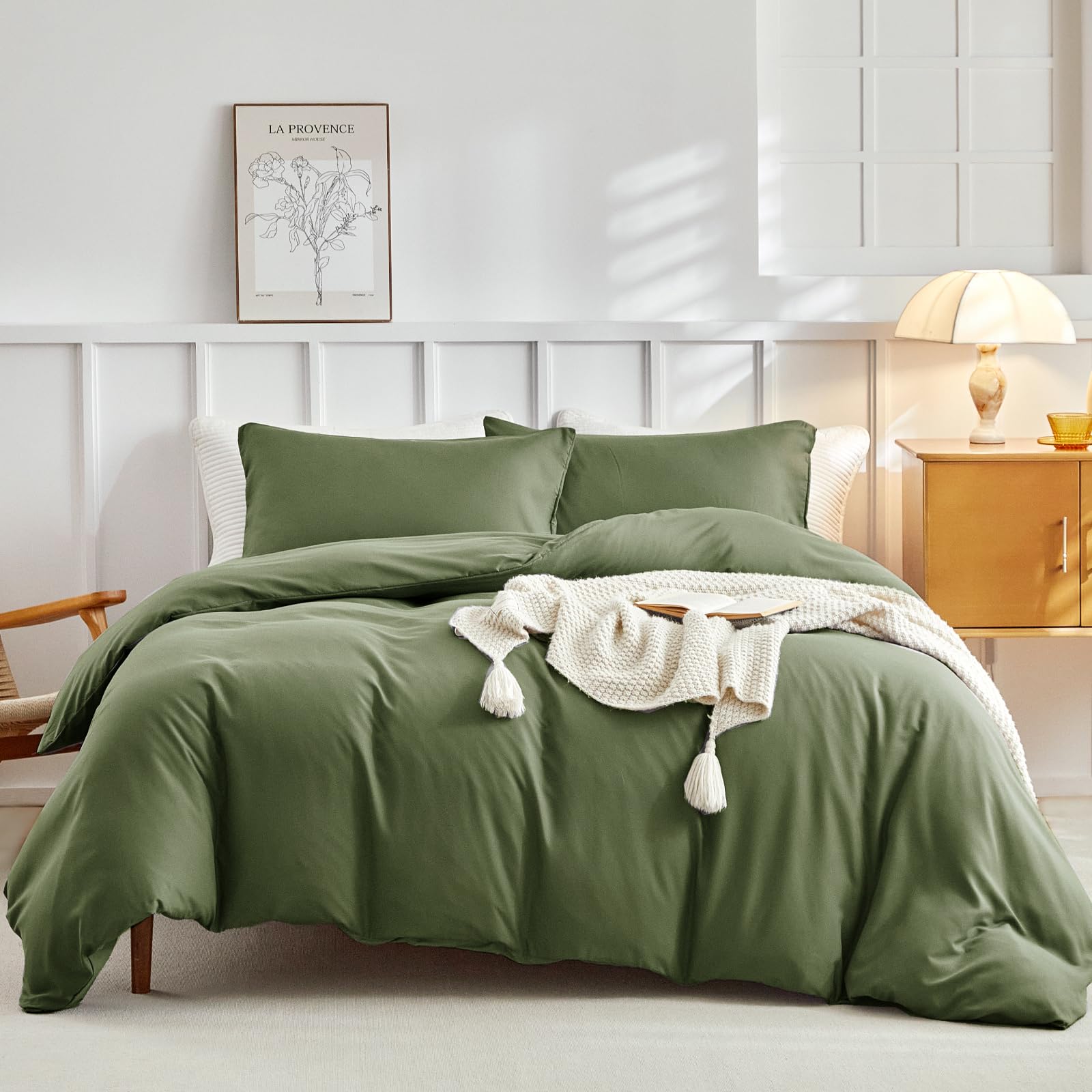 Tokokimo Double Bedding Set 4-Piece Olive Green Duvet Set including Pillowcases and Deep Fitted Sheet 40cm Mattress Depth - Image 2