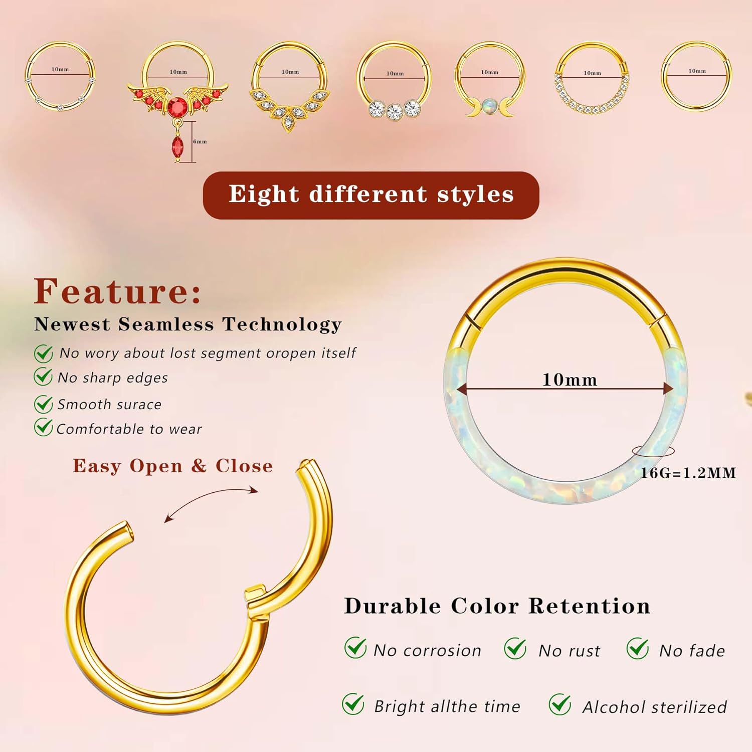 8 Pcs Nose Rings Hoops 316L Surgical Steel Septum Rings CZ Opal Twisted Clicker Nose Rings Hoop Helix Cartilage Daith Tragus Sleeper Earrings Body Piercing for Women Men Silver Gold Hinged Segment Septum jewelry 8mm/10mm - Image 2