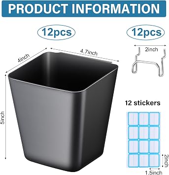 Namalu 12 Pack Peg Board Storage Bins with Labels and Hooks Square Box Shape Pegboard Cup Holder Accessories Pegboard Organizer for Craft Room Wall holder Workbench(4.7 x 4 x 5 Inch, Black)