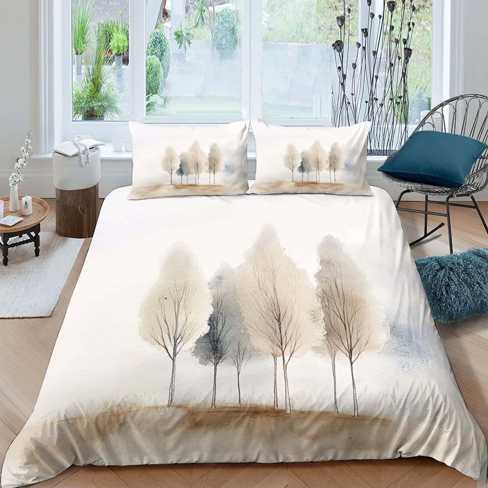 GPLZQXKJNH 3D Printed Misty Forest Duvet Cover Microfiber Soft Trees Bedding Set with 2 Pillowcases for Bedroom Home Decor Single（135x200cm）