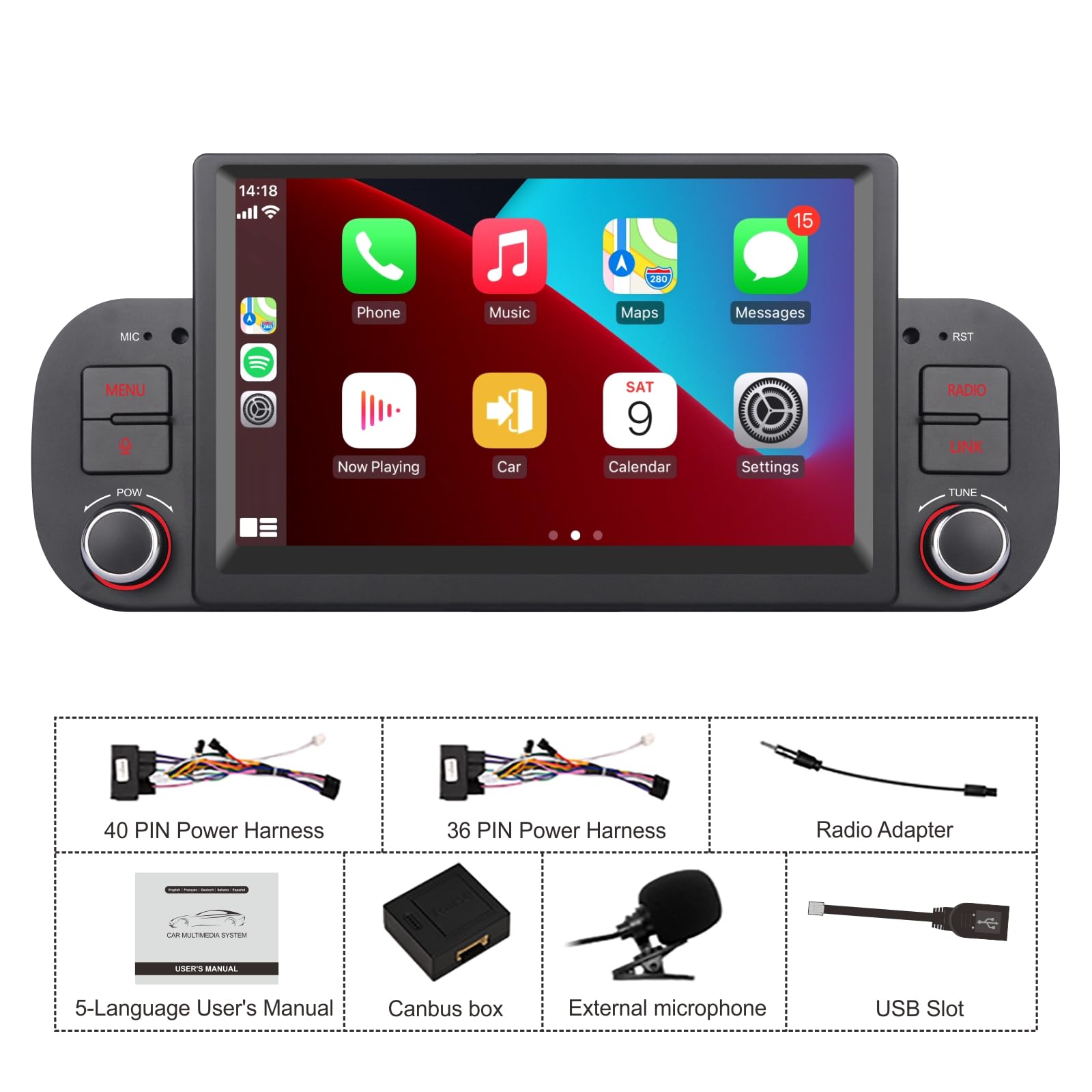 Autoradio doppio DIN per FIAT Panda 2013-2020 Apple Wireless Carplay e Android Auto Voice Control con display touch IPS da 7 pollici/Bluetooth/FM/AM/USB/EQ