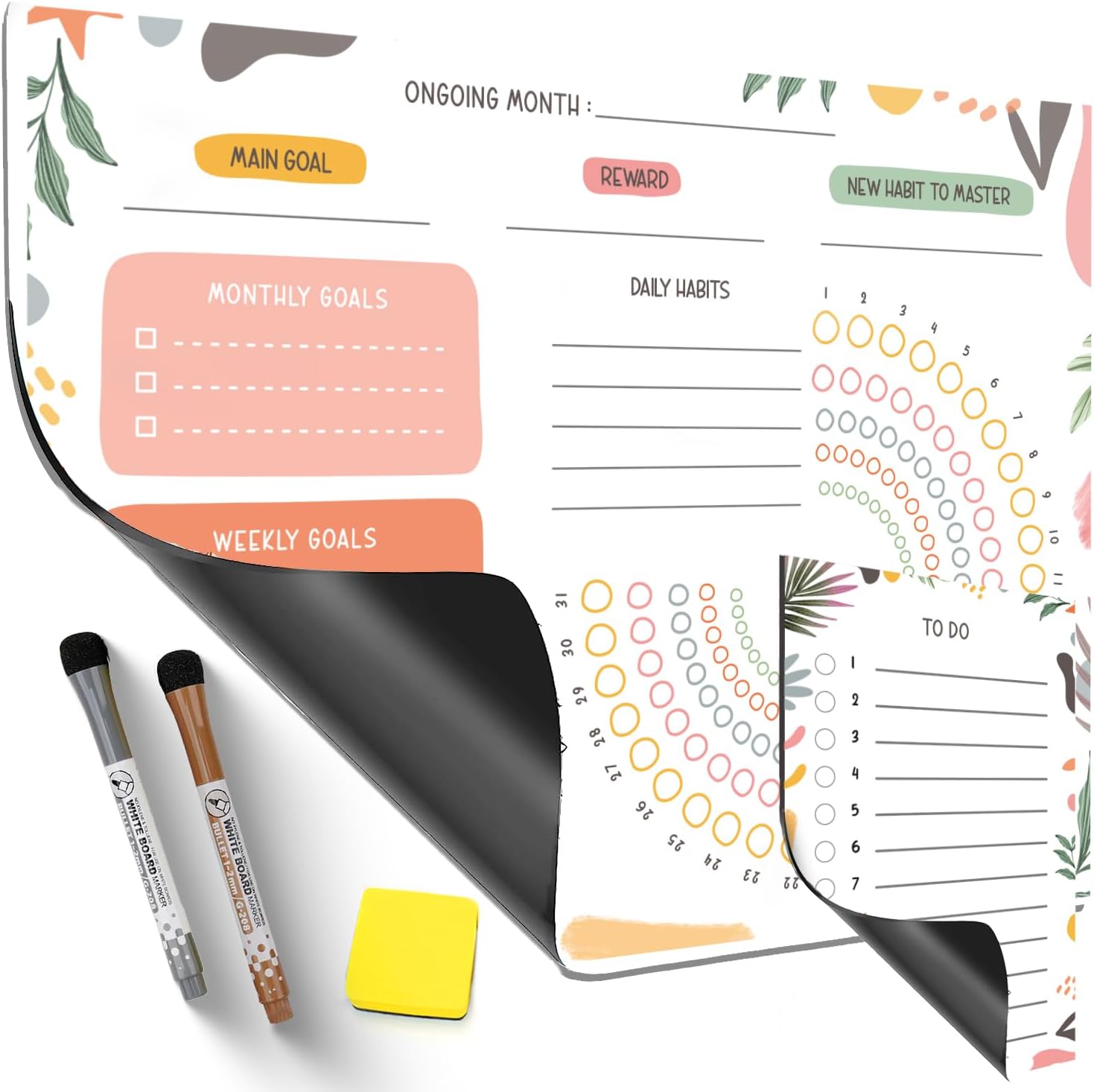 OLYMPE STORE Habit Tracker Journal Workout Motivation Fridge Calendar Dry Erase 12"x16" Health Fitness Goal Tracker Goals Board - To do List and 2 Markers Included